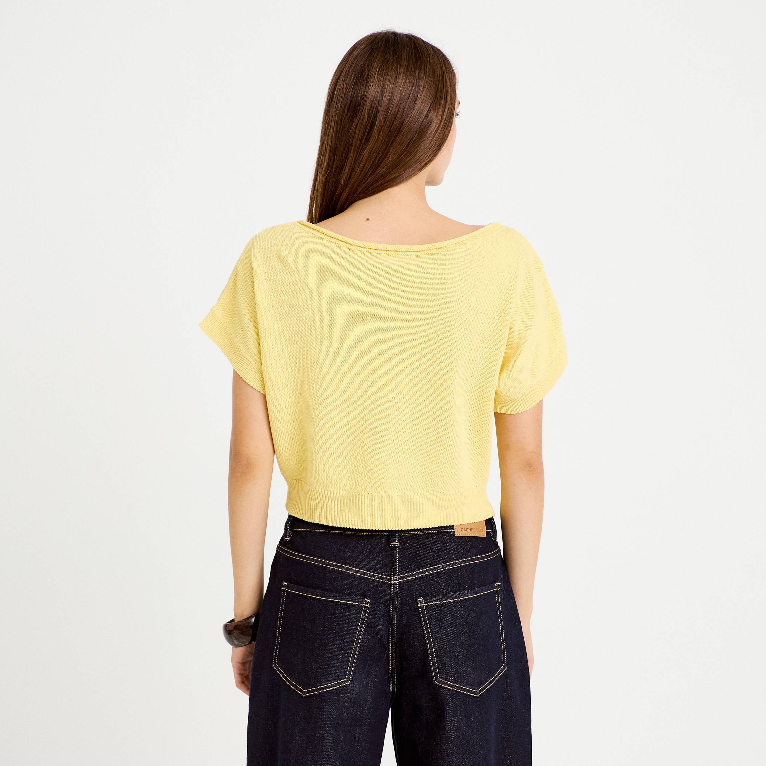 Pull ample cropped manches courtes jaune pastel femme