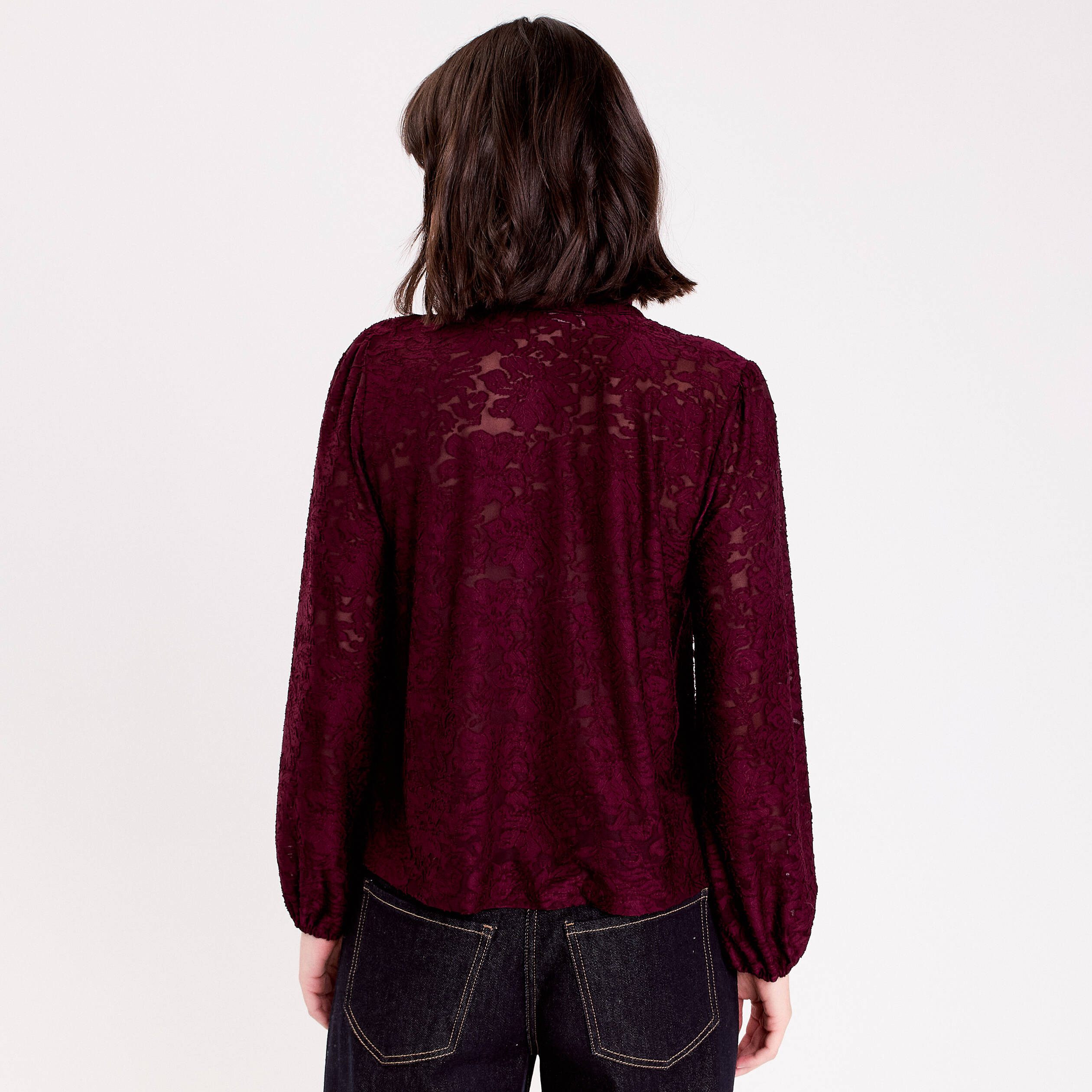 Blouse col lavalli&egrave;re bordeaux femme