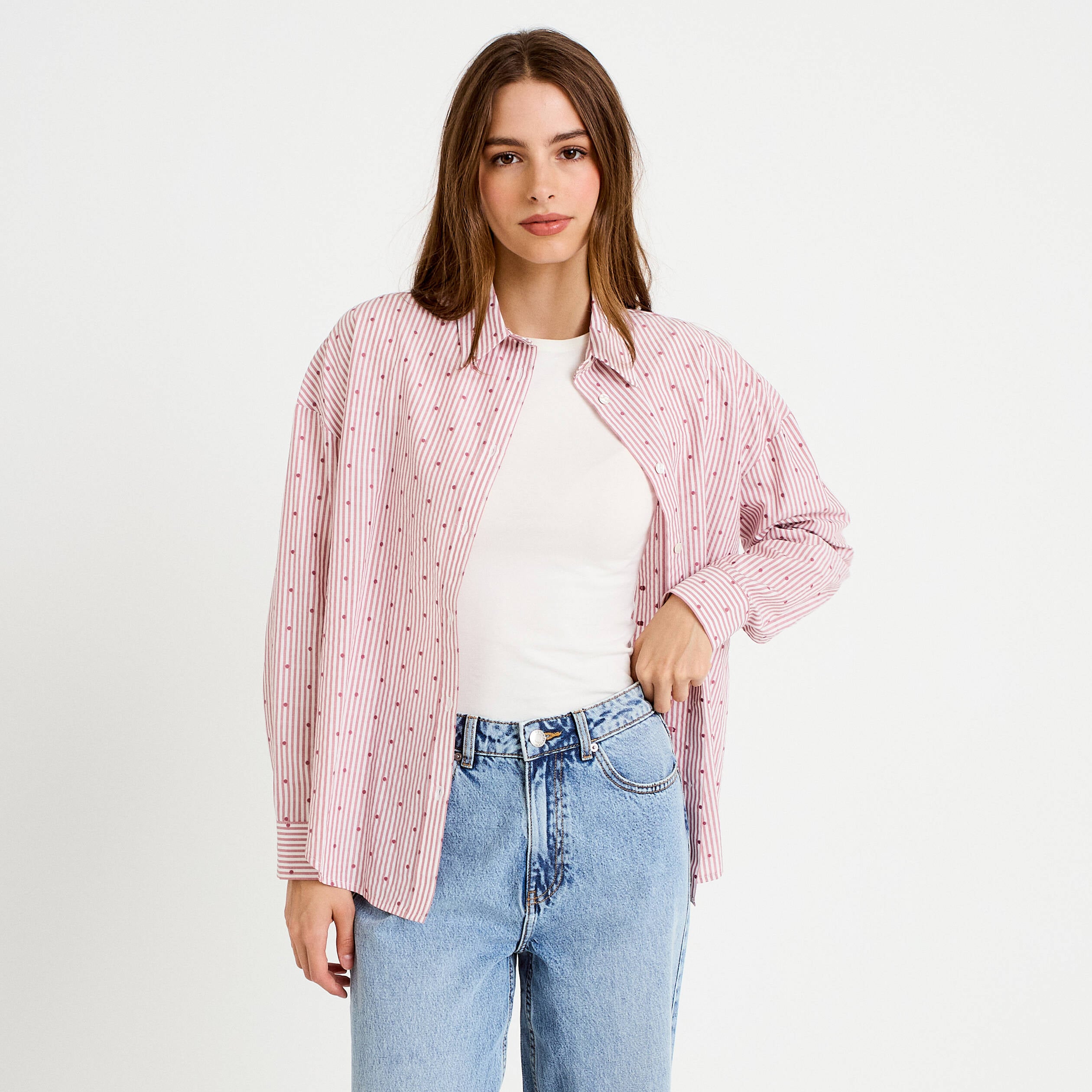 Chemise droite manches longues rouge clair femme
