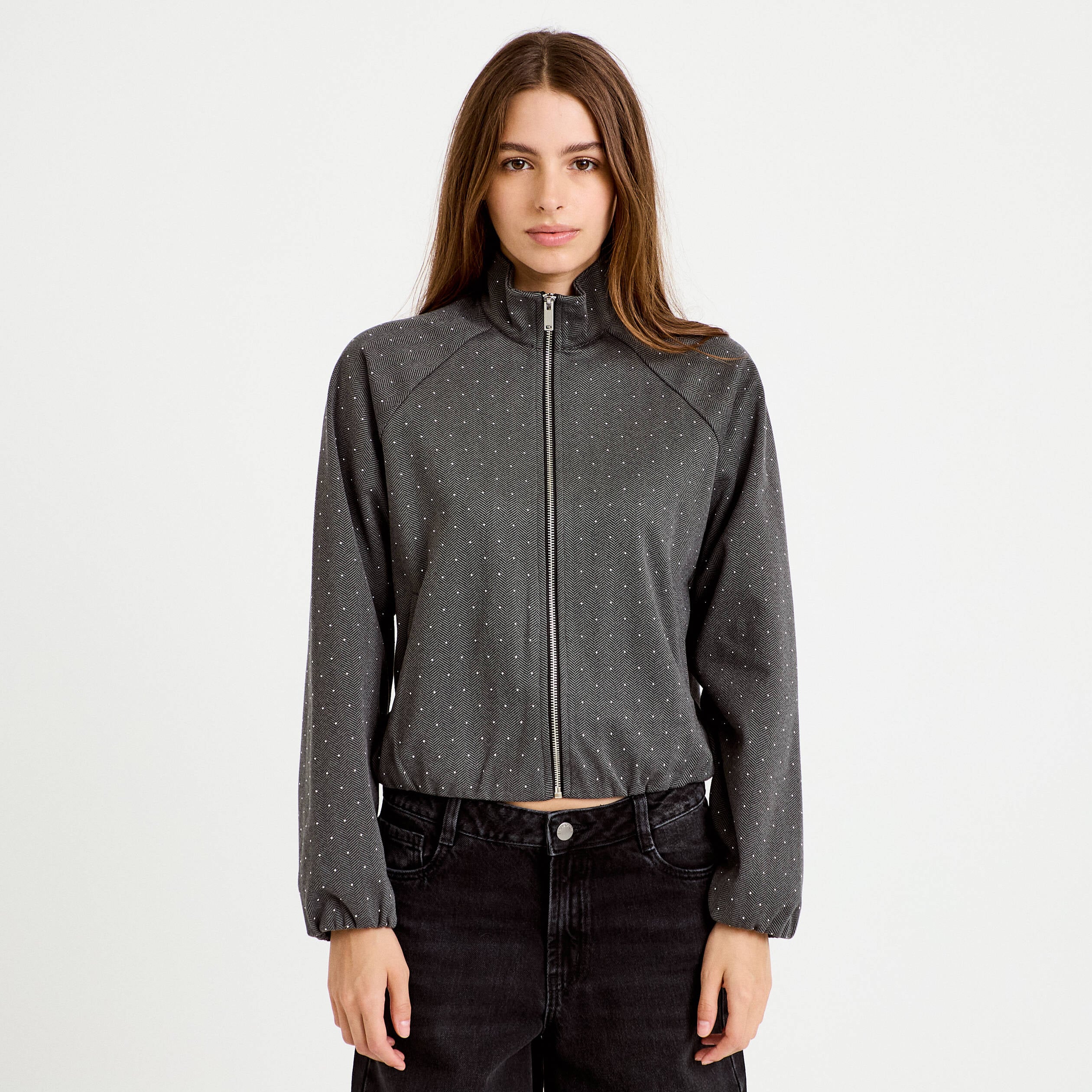 Veste effet boule col montant tweed noir femme