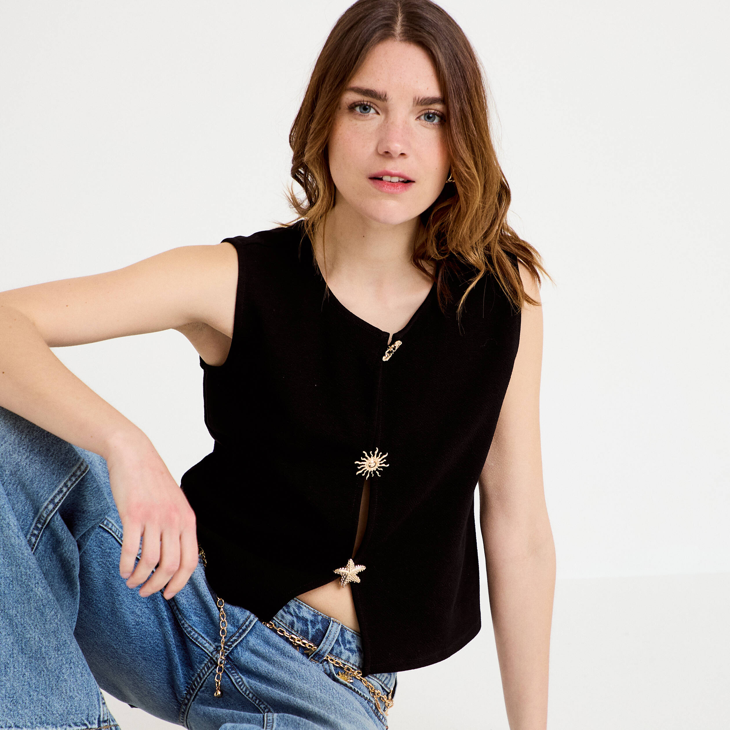 Gilet sans manches col rond noir femme