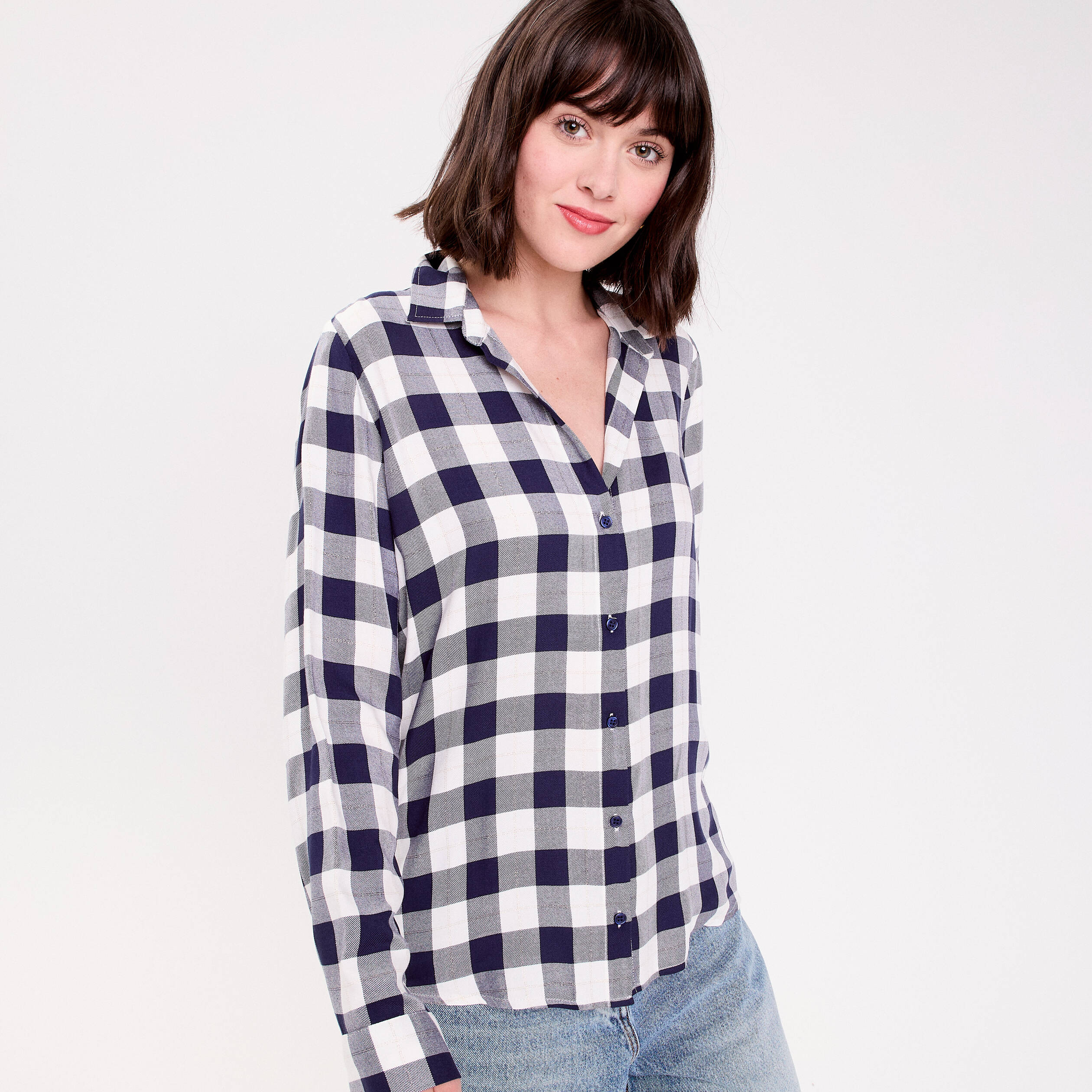 Chemise &agrave; carreaux fils m&eacute;tallis&eacute;s bleu femme