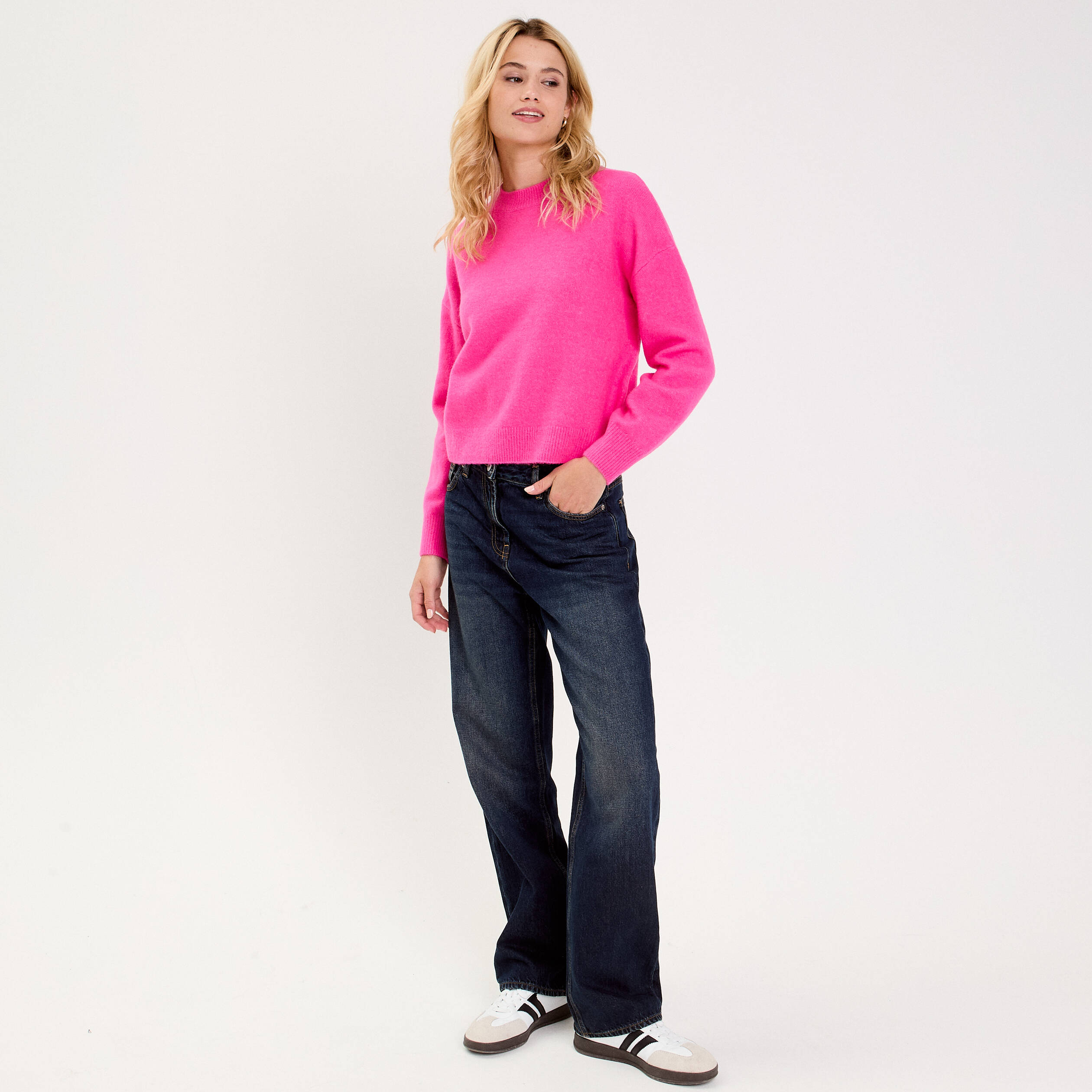 Pull col rond rose femme