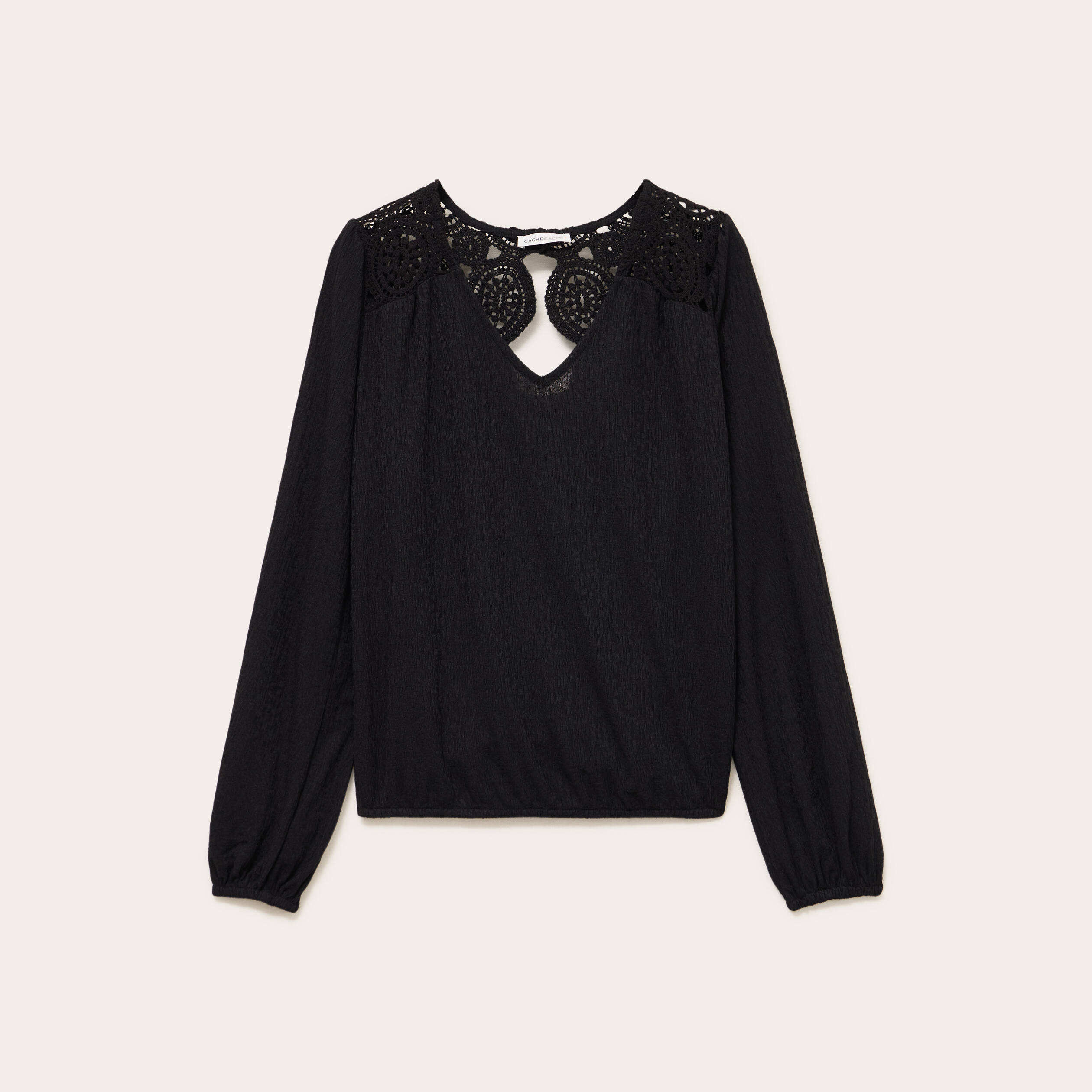 Blouse macram&eacute; bas &eacute;lastiqu&eacute; noir femme