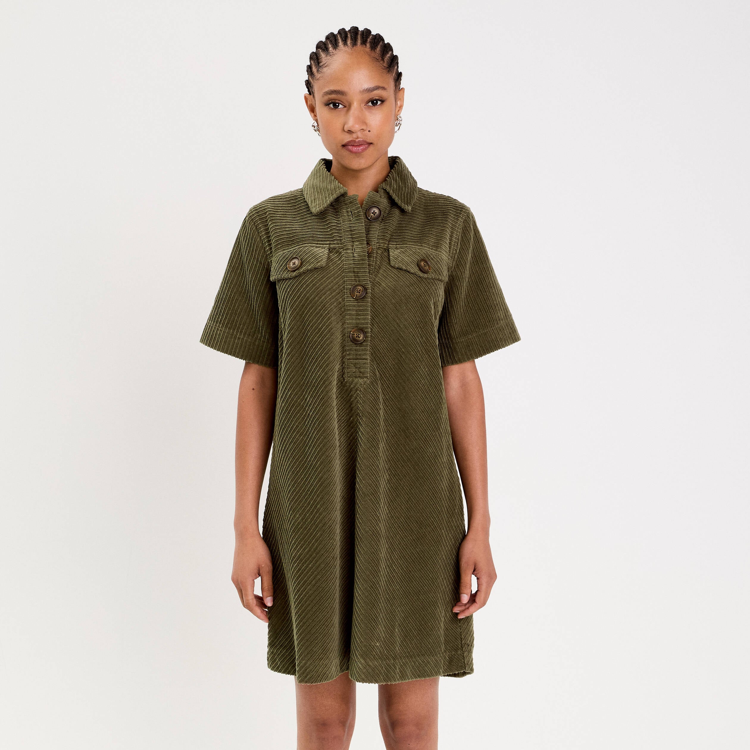 Robe courte droite en velours coton vert kaki femme