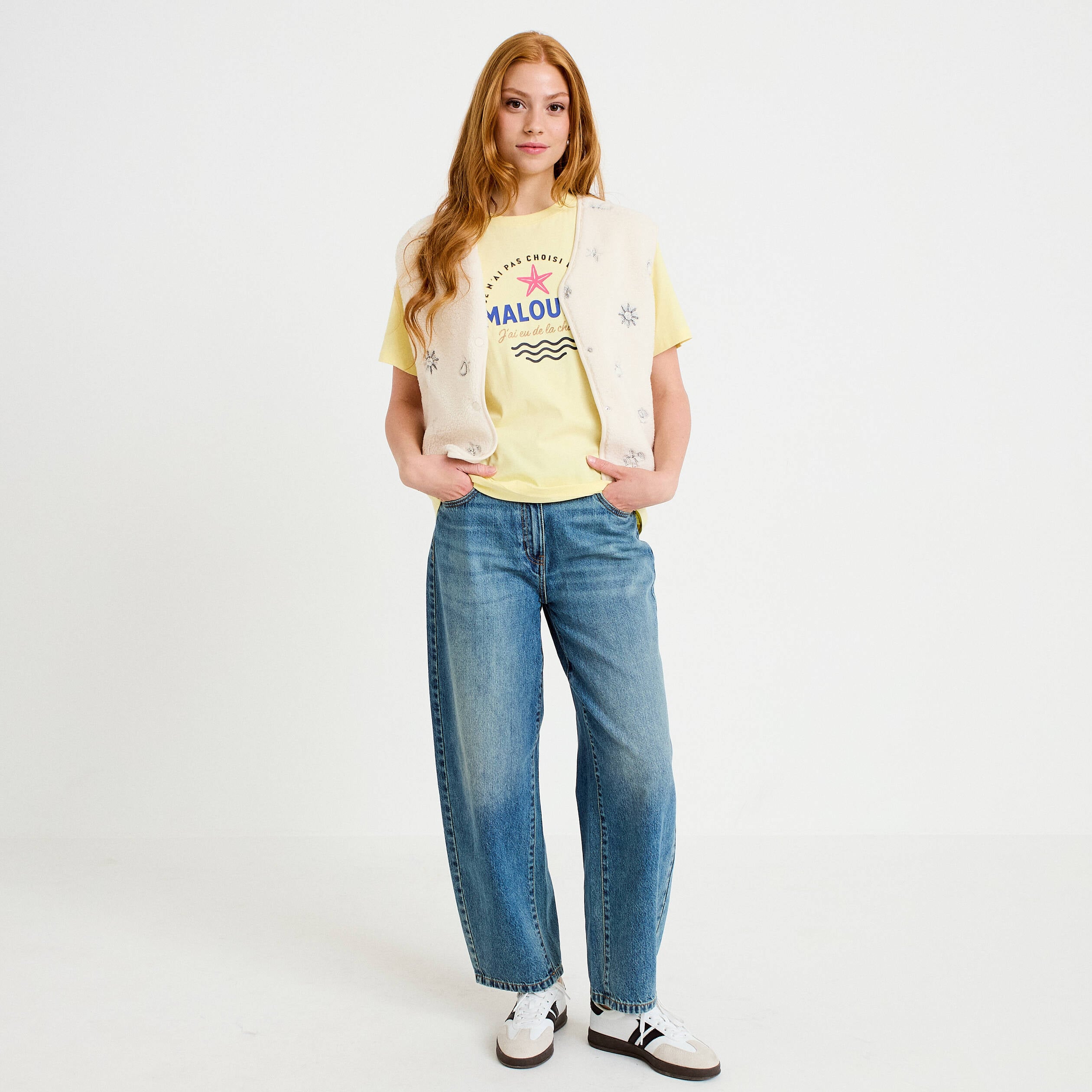 T-shirt col rond manches courtes jaune pastel femme