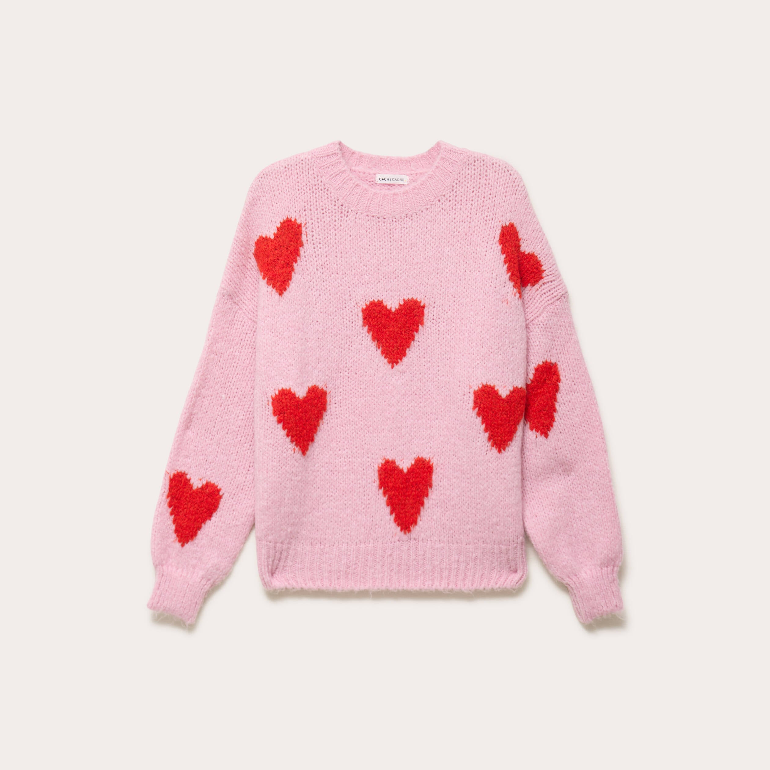 Pull oversize motif coeurs rose clair femme