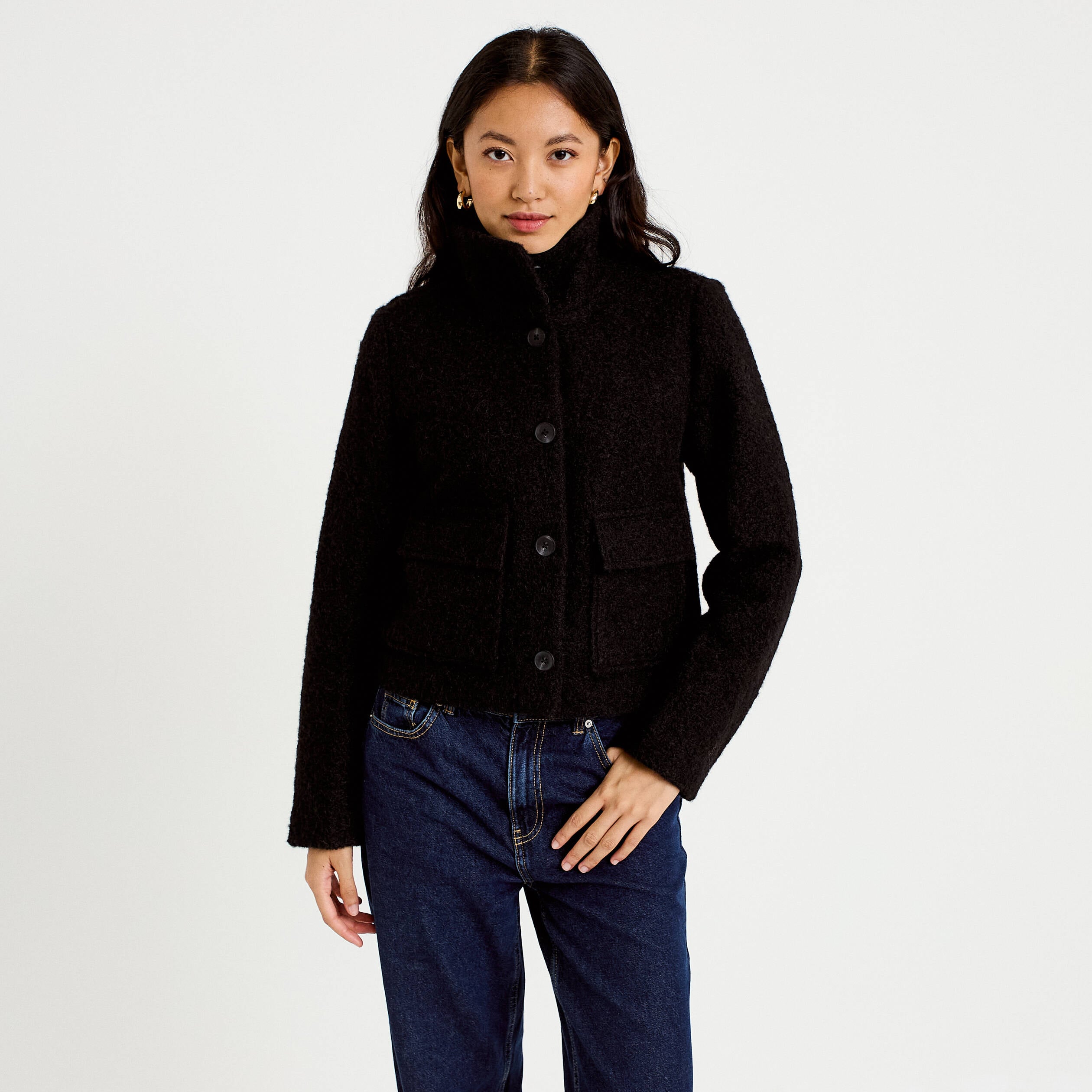 Veste droite bouclette col montant noir femme