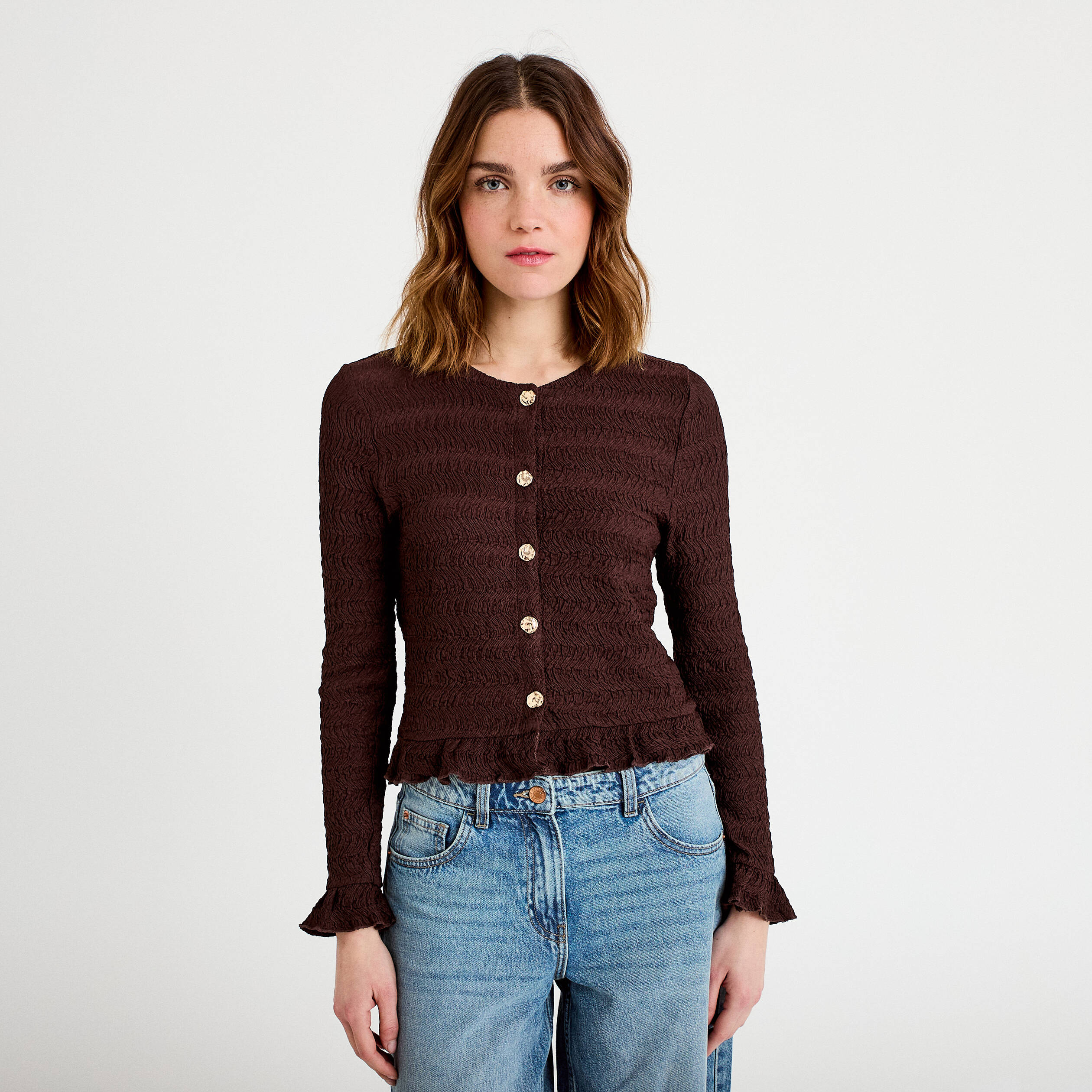 Gilet col rond manches longues bordeaux femme