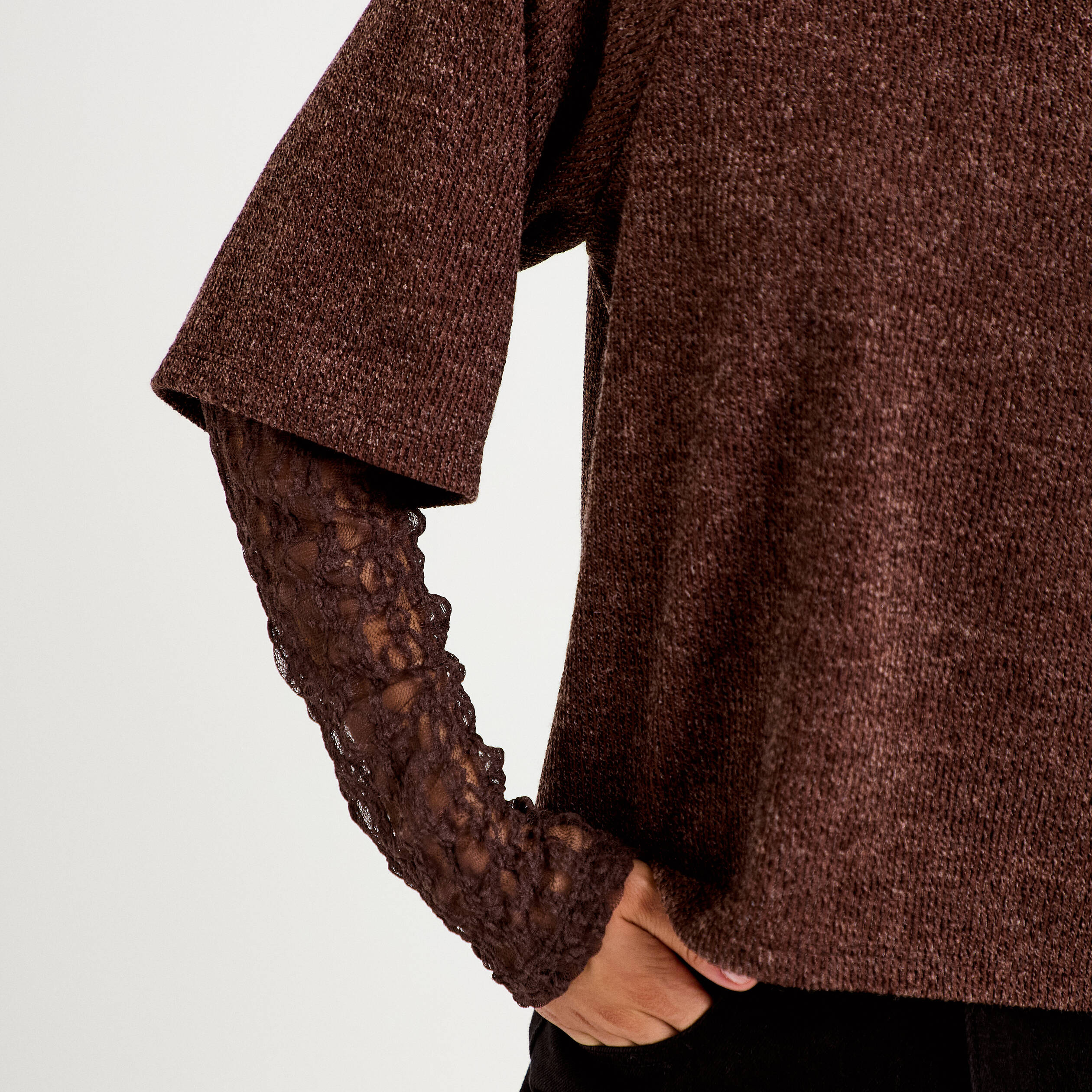 Top bi-mati&egrave;re dentelle col rond marron fonc&eacute; femme