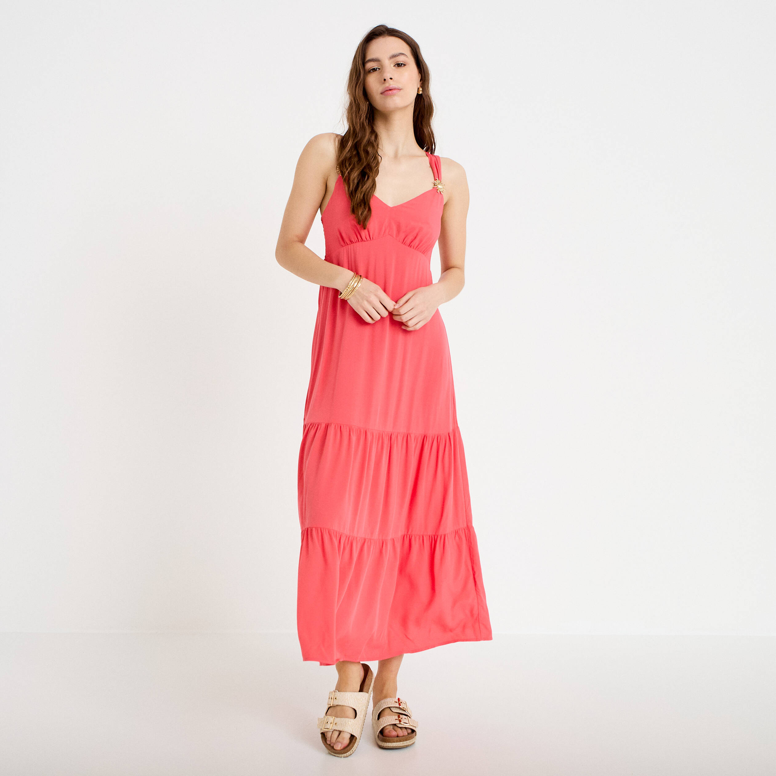 Robe &eacute;vas&eacute;e 3/4 col coeur bretelles rose femme