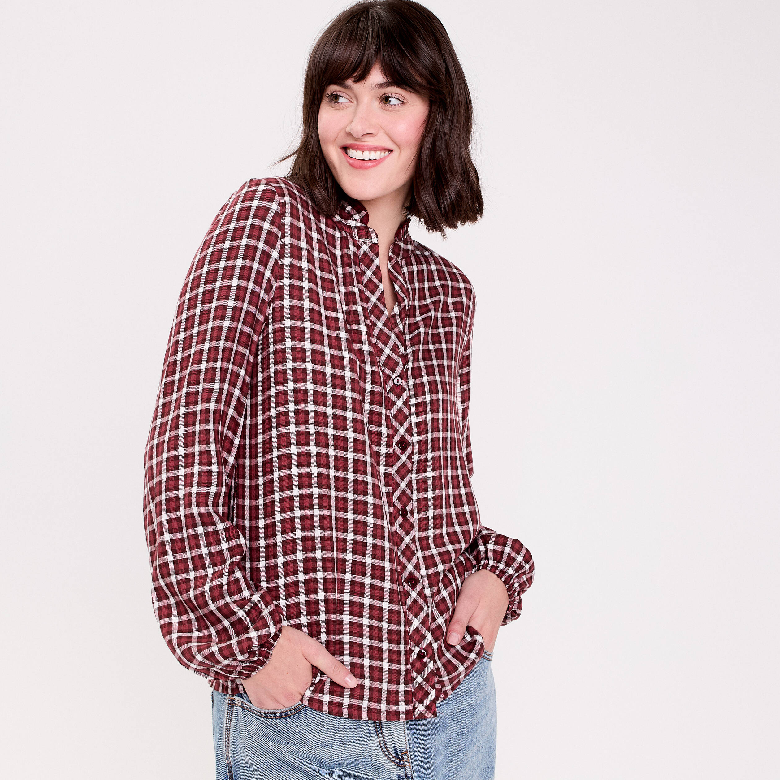 Blouse col montant manches longues bordeaux femme