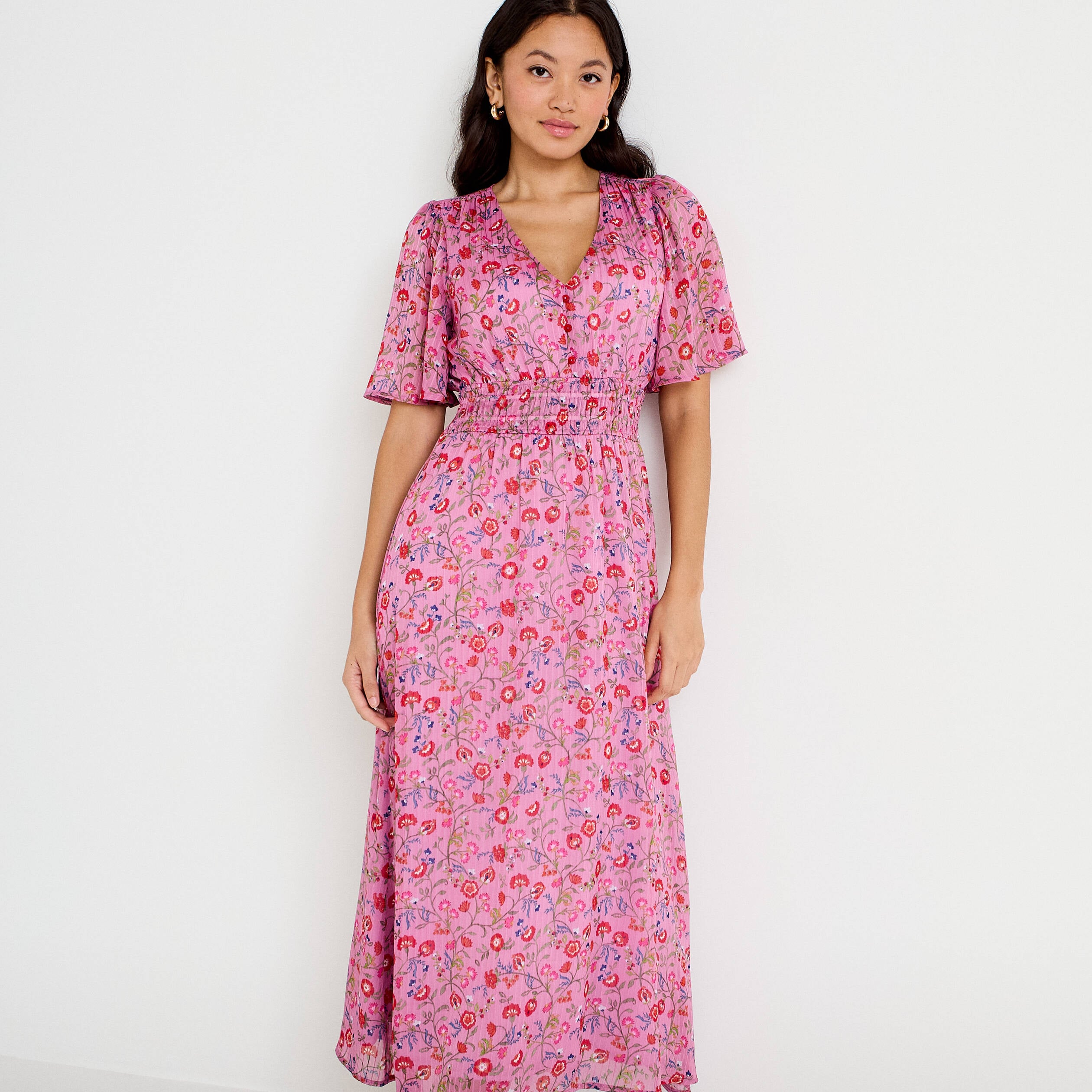 Robe longue &eacute;vas&eacute;e voile manches courtes rose femme