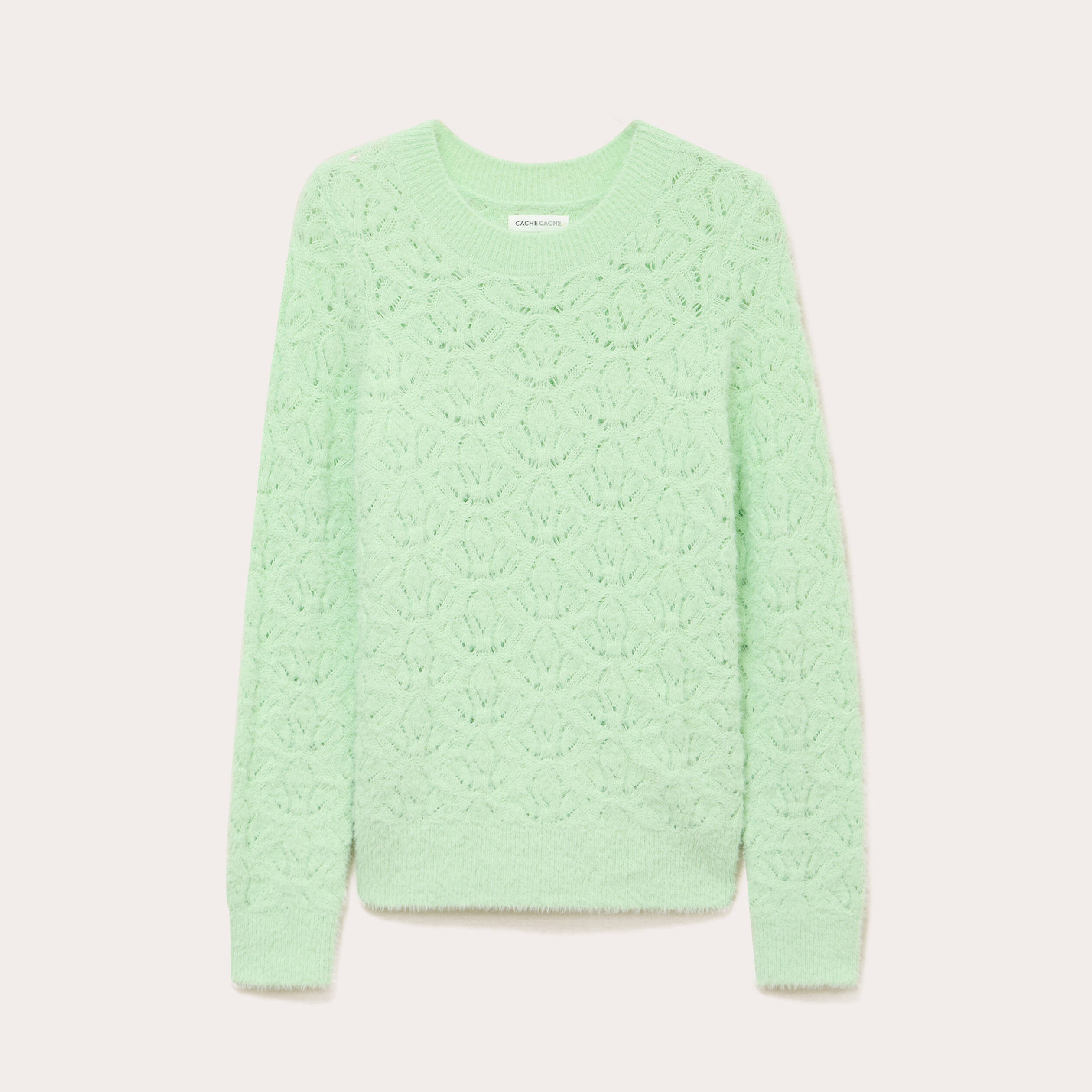 Pull ajour&eacute; col rond manches longues vert pastel femme