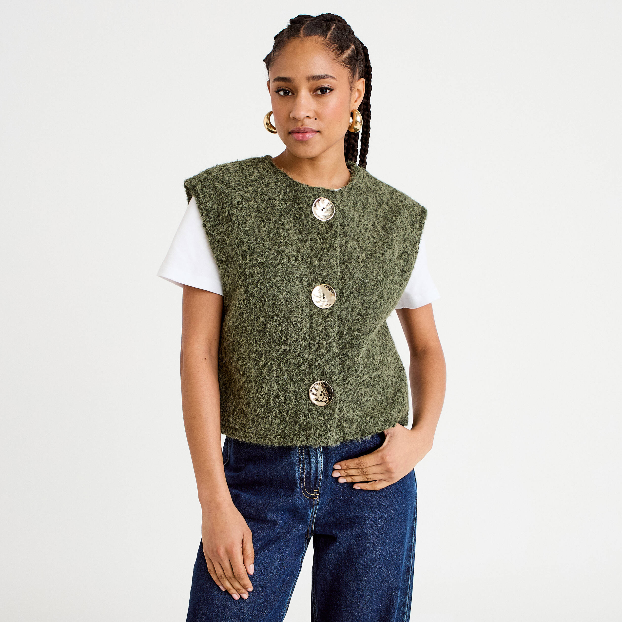 Gilet sans manches effet polaire vert kaki femme