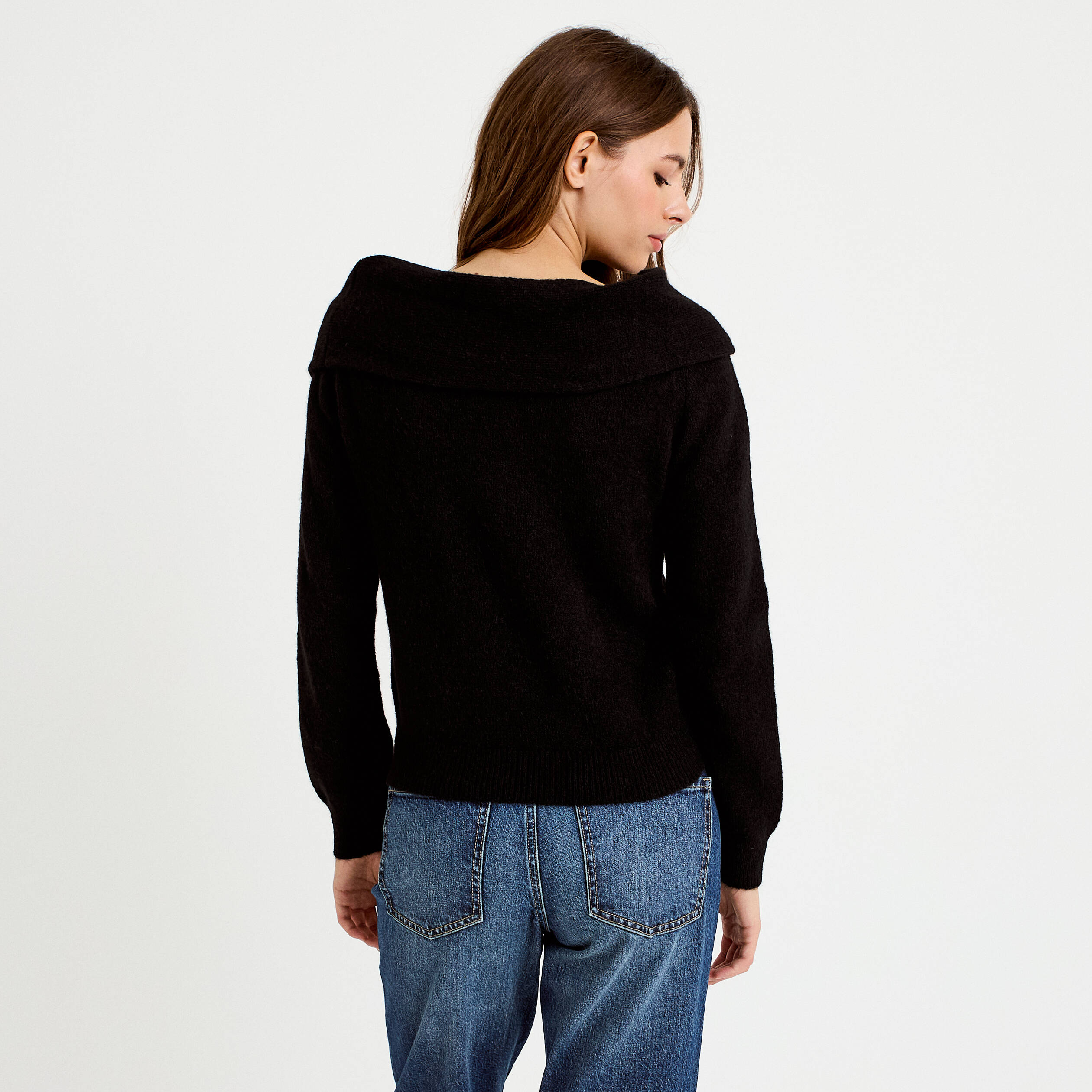 Pull col bardot manches longues noir femme