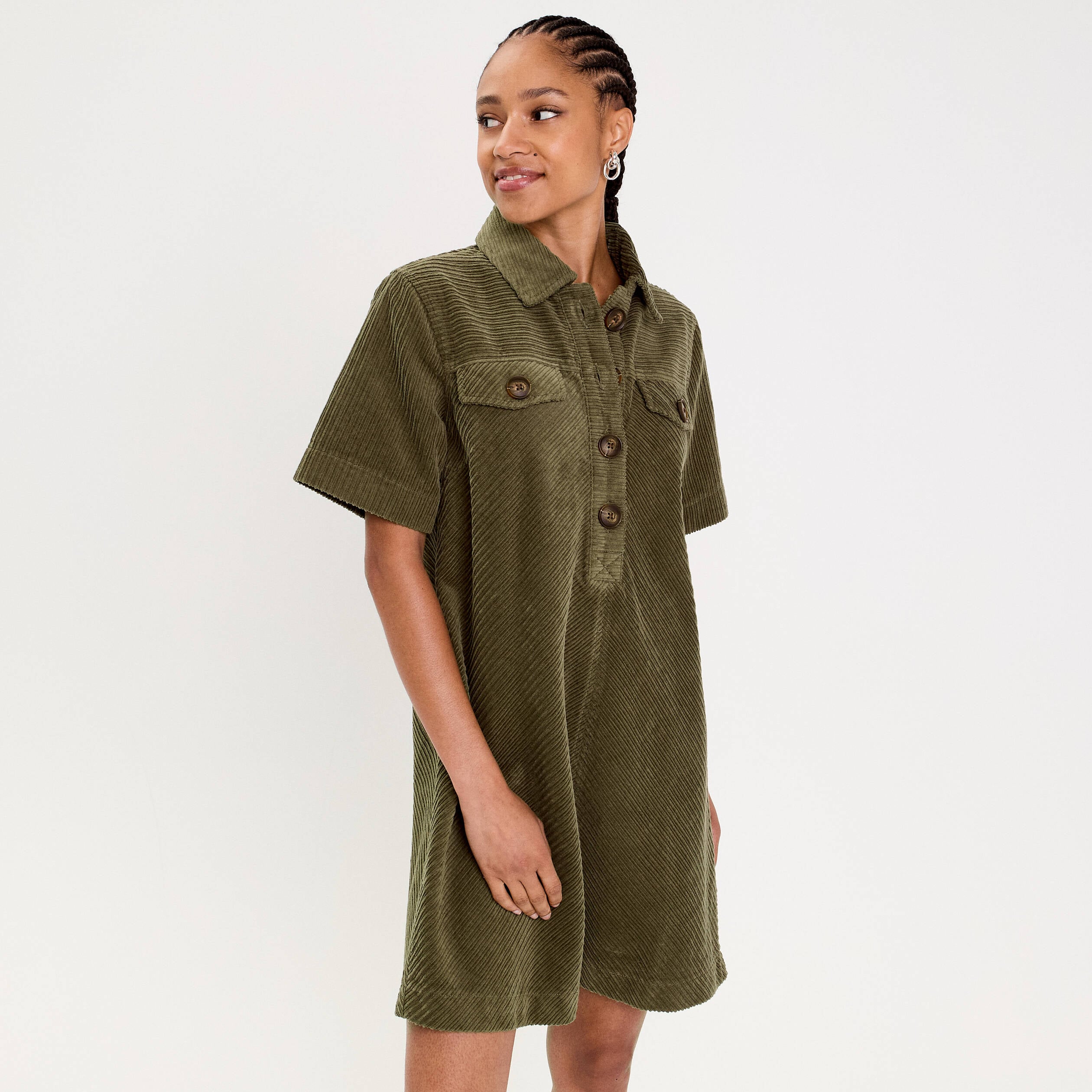 Robe courte droite en velours coton vert kaki femme