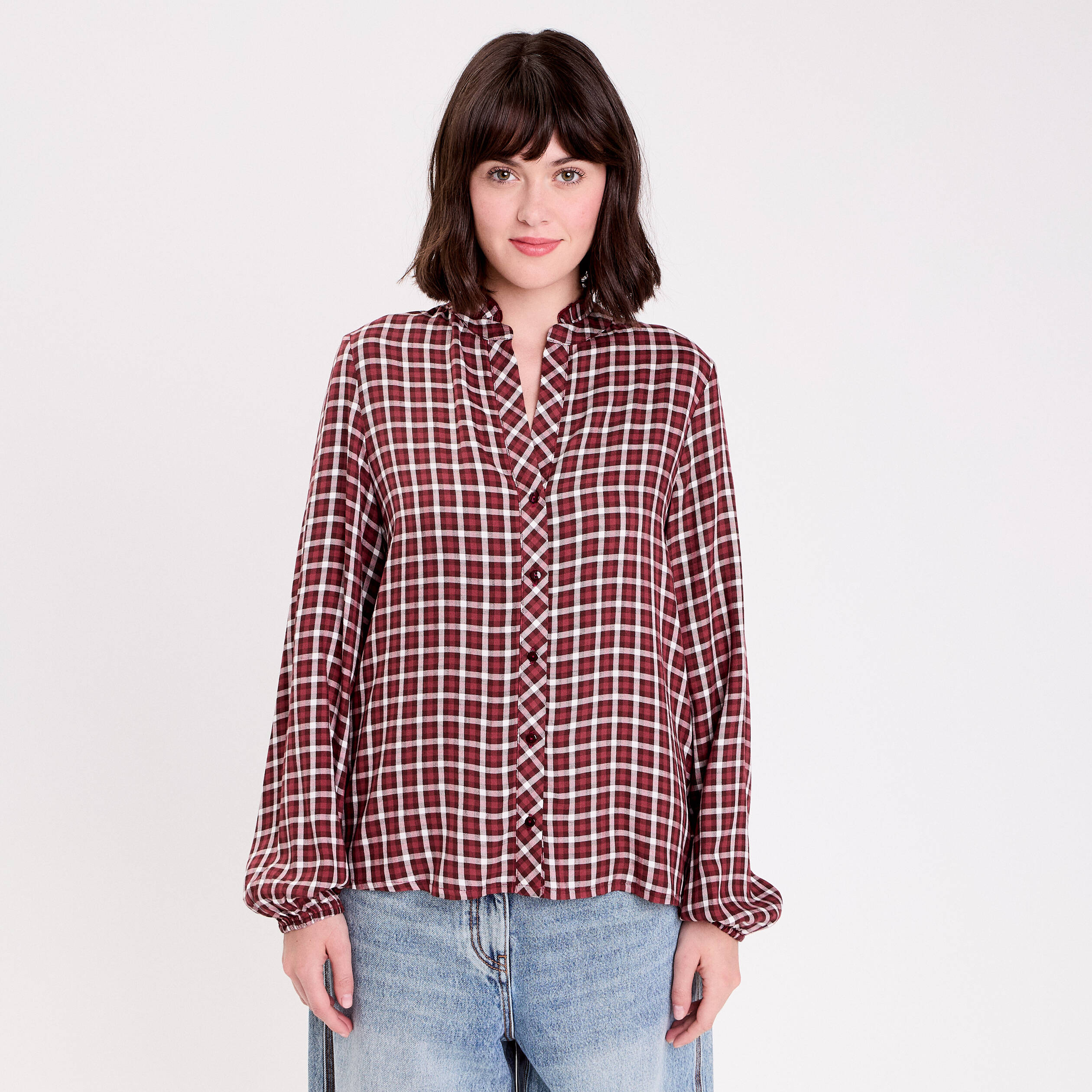 Blouse col montant manches longues bordeaux femme