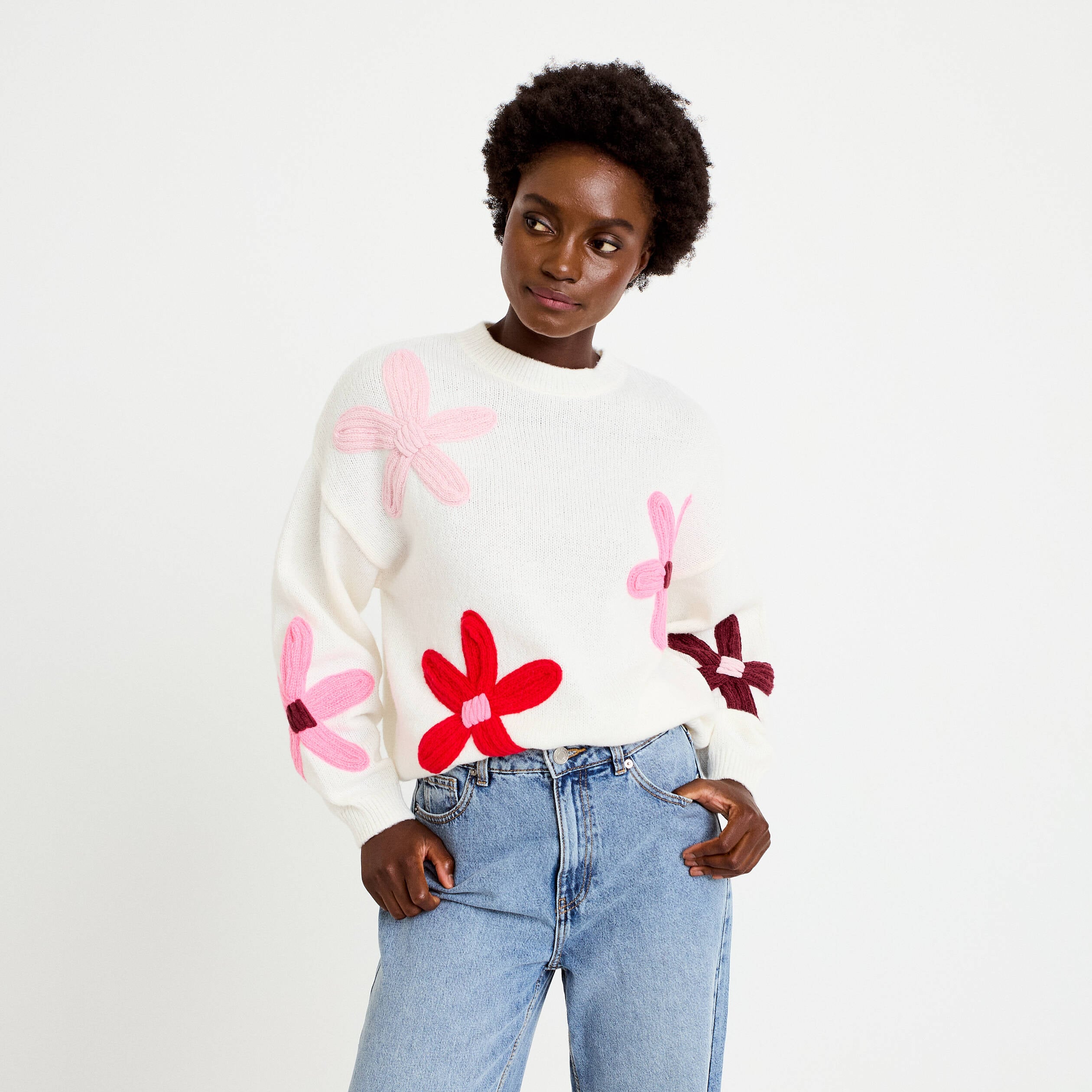 Pull oversize col rond manches longues ecru femme