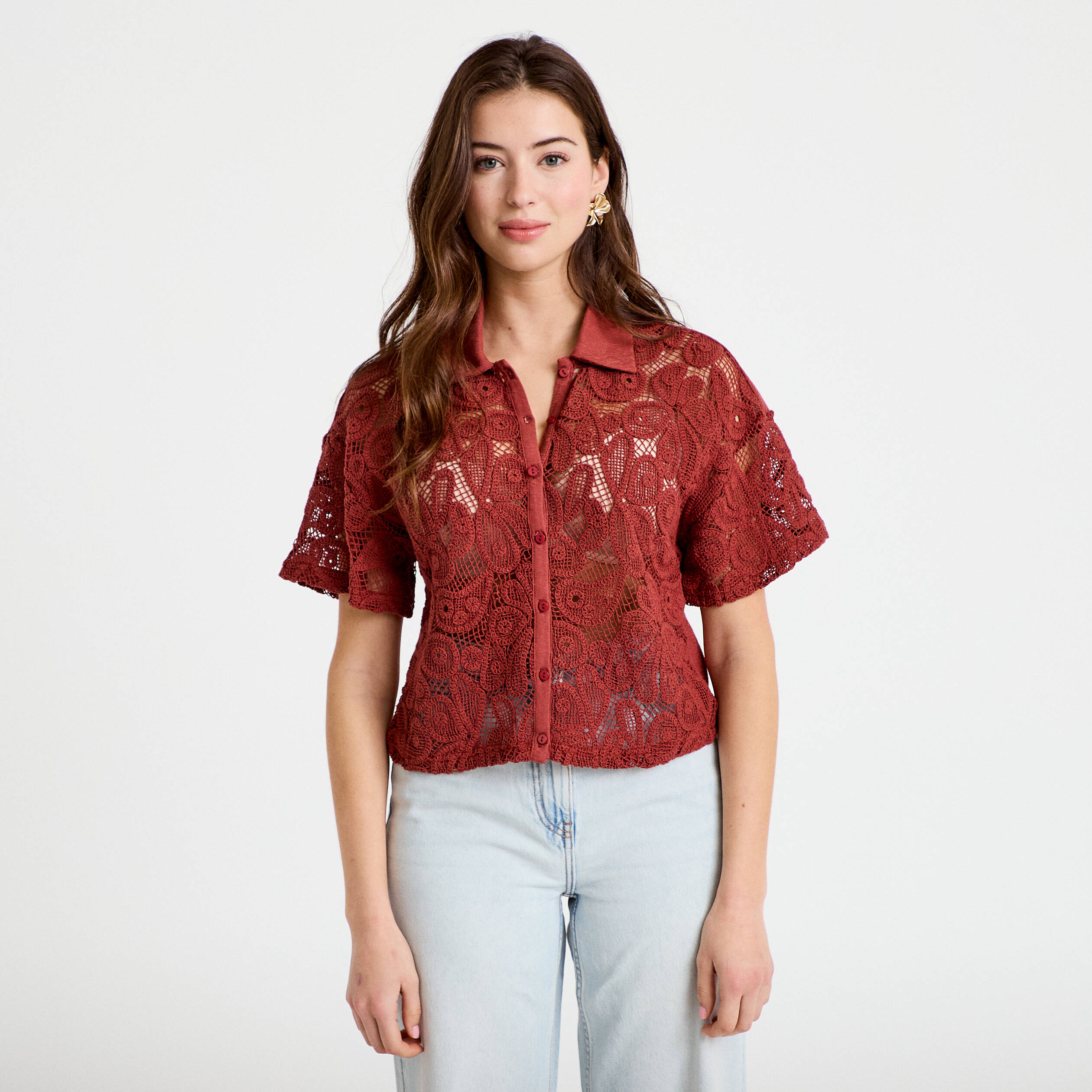 Chemise macram&eacute; manches courtes vieux rose femme