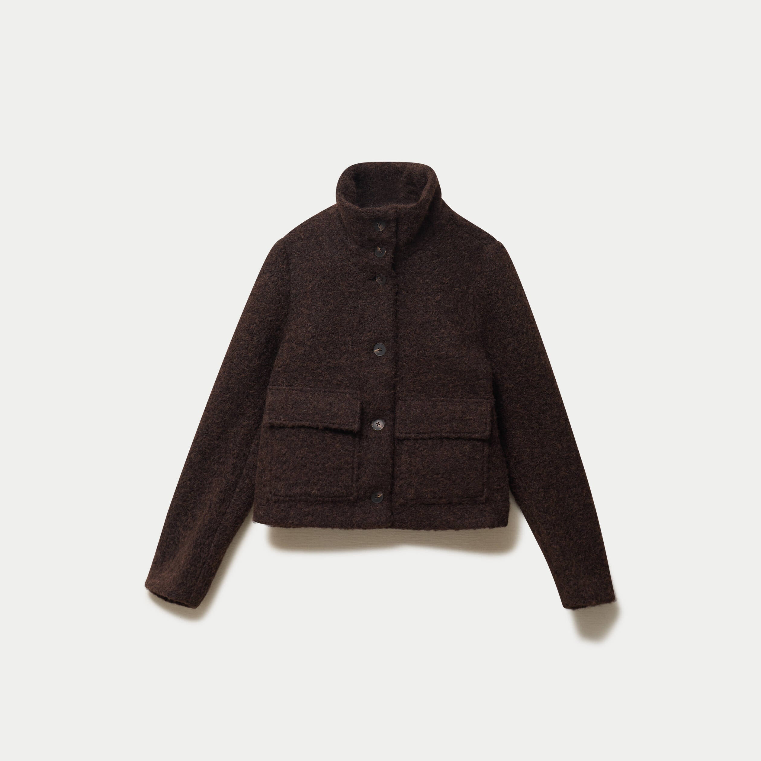 Veste droite bouclette col montant marron fonc&eacute; femme