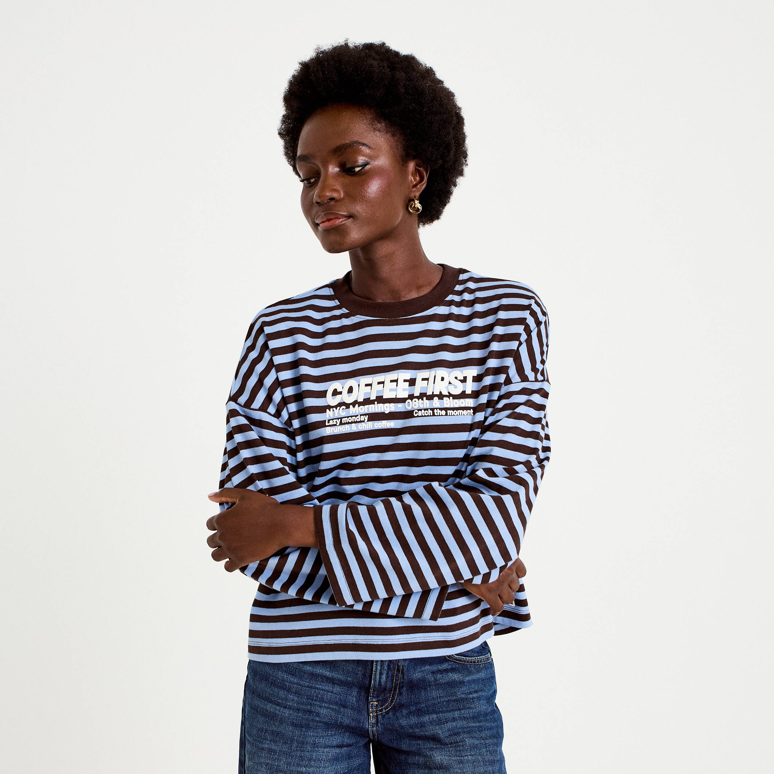 T-shirt col rond manches longues marron femme