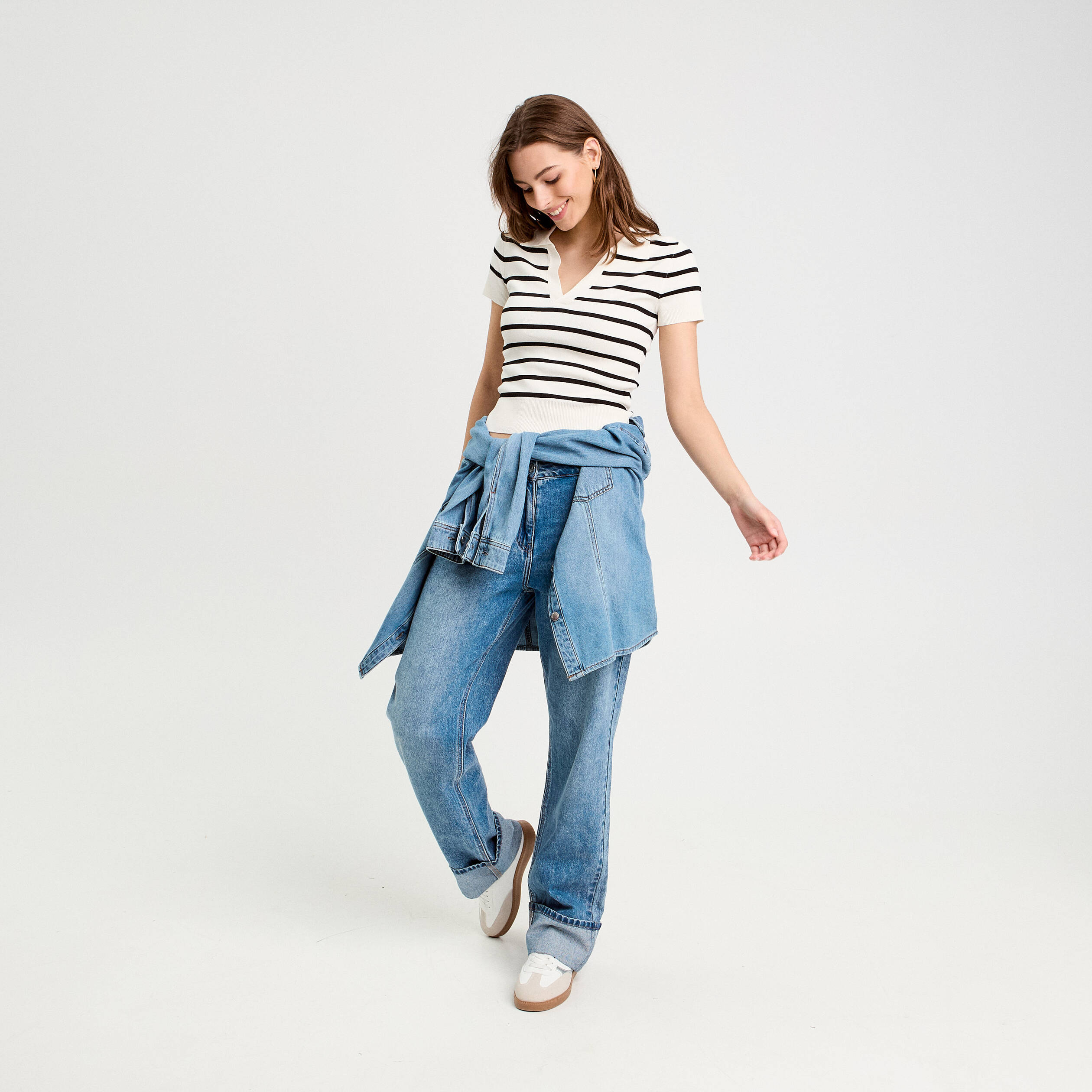 Pull manches courtes col polo blanc femme