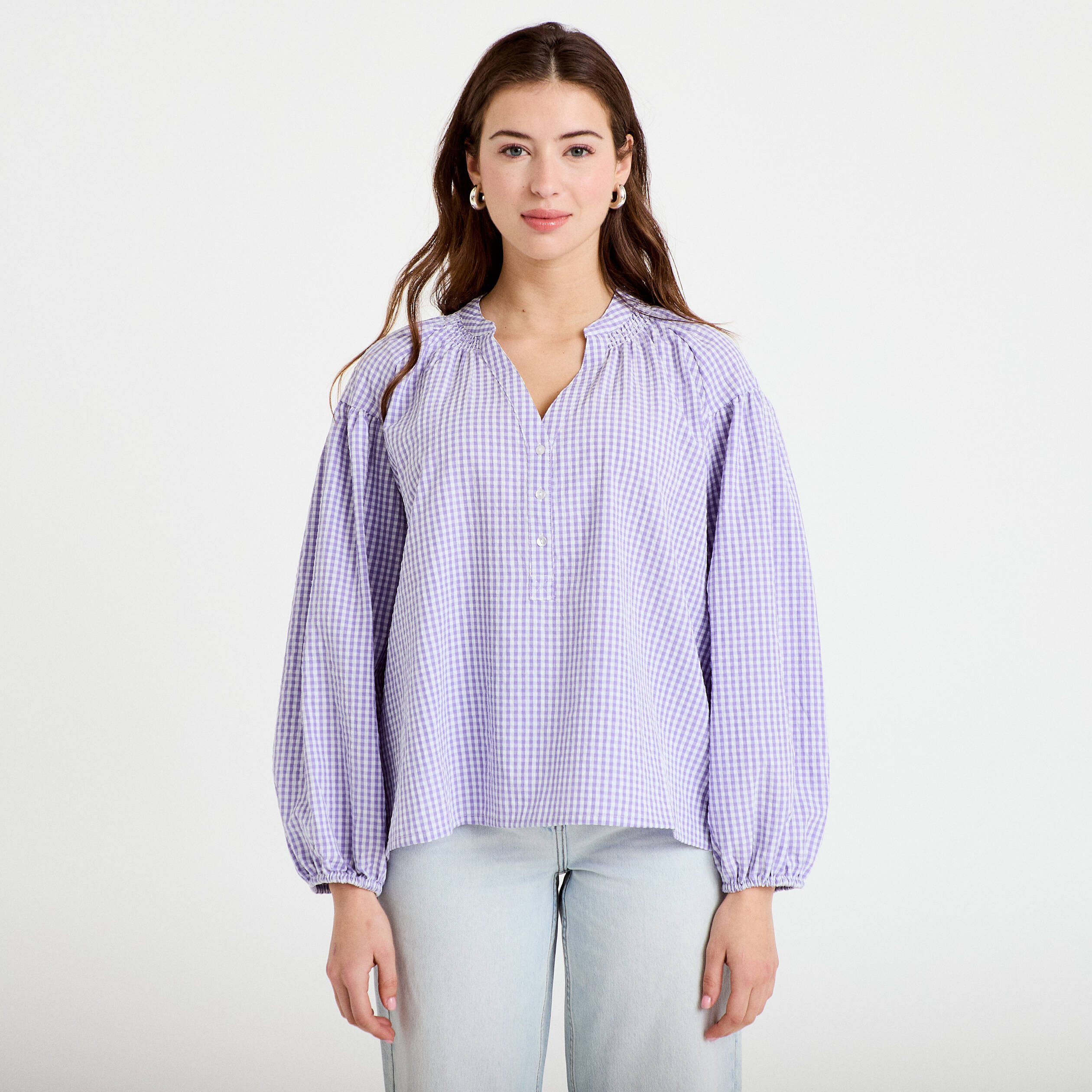 Blouse vichy brod&eacute;e violet femme