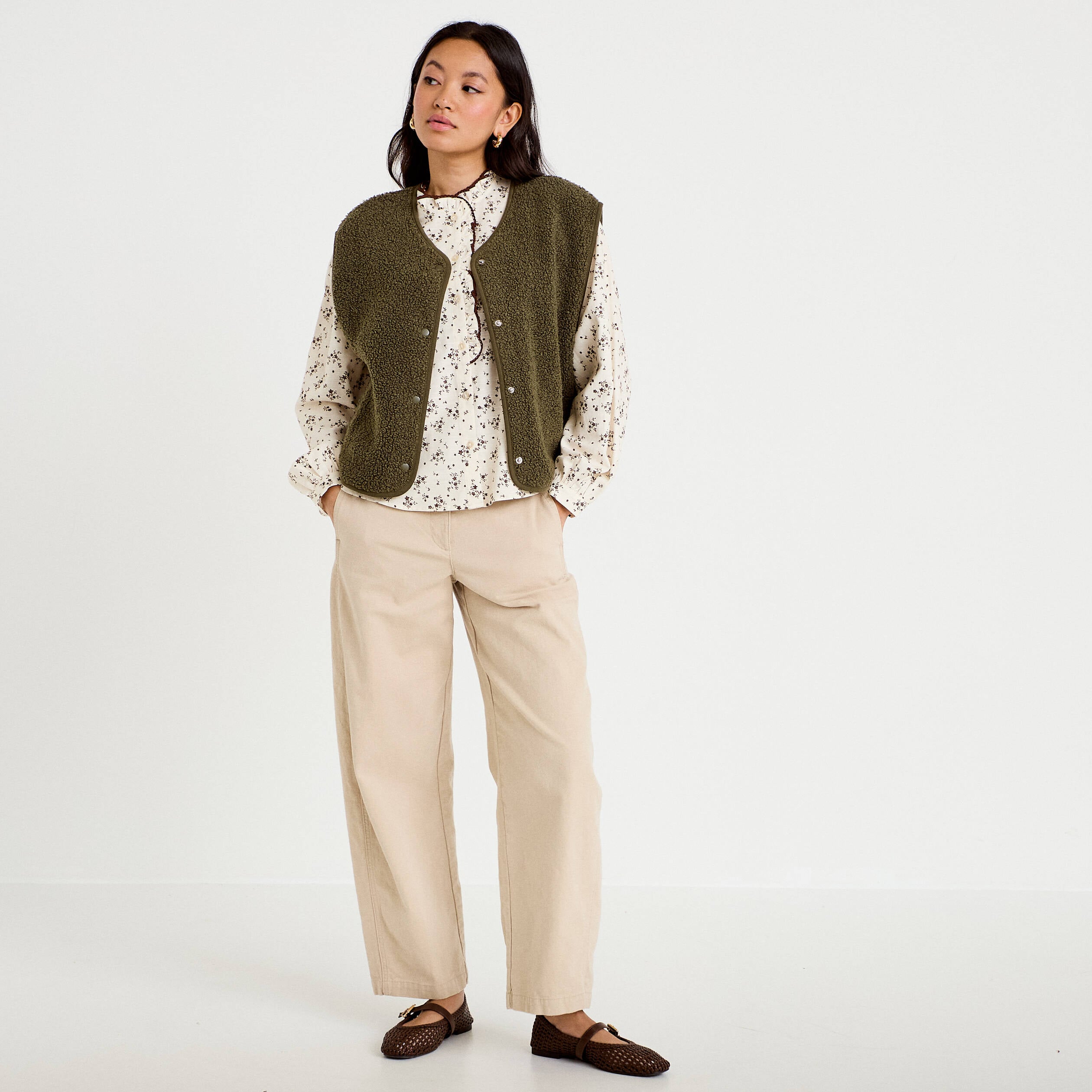 Gilet sans manches effet polaire vert kaki femme