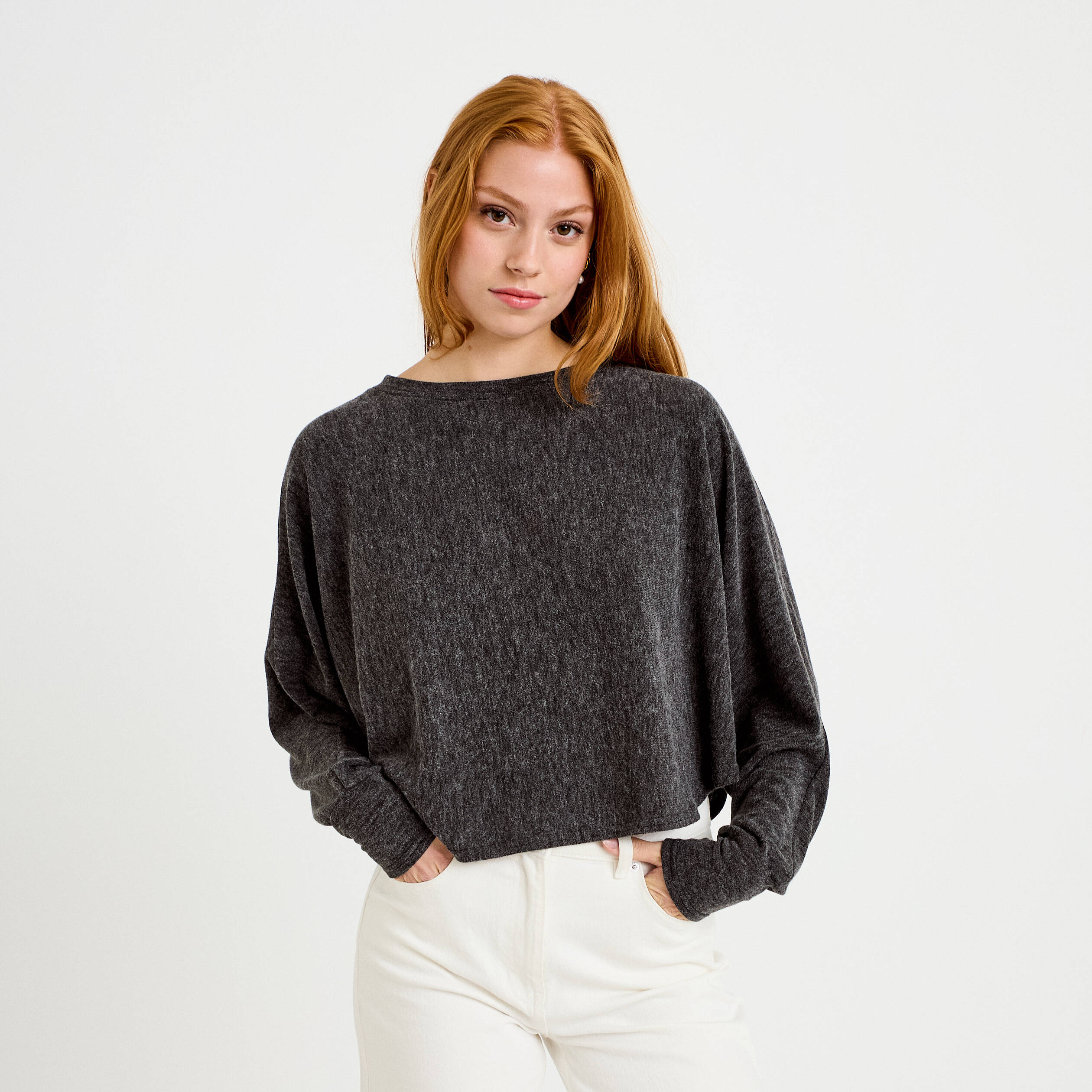 Cape boyfriend cropped col rond gris fonc&eacute; femme