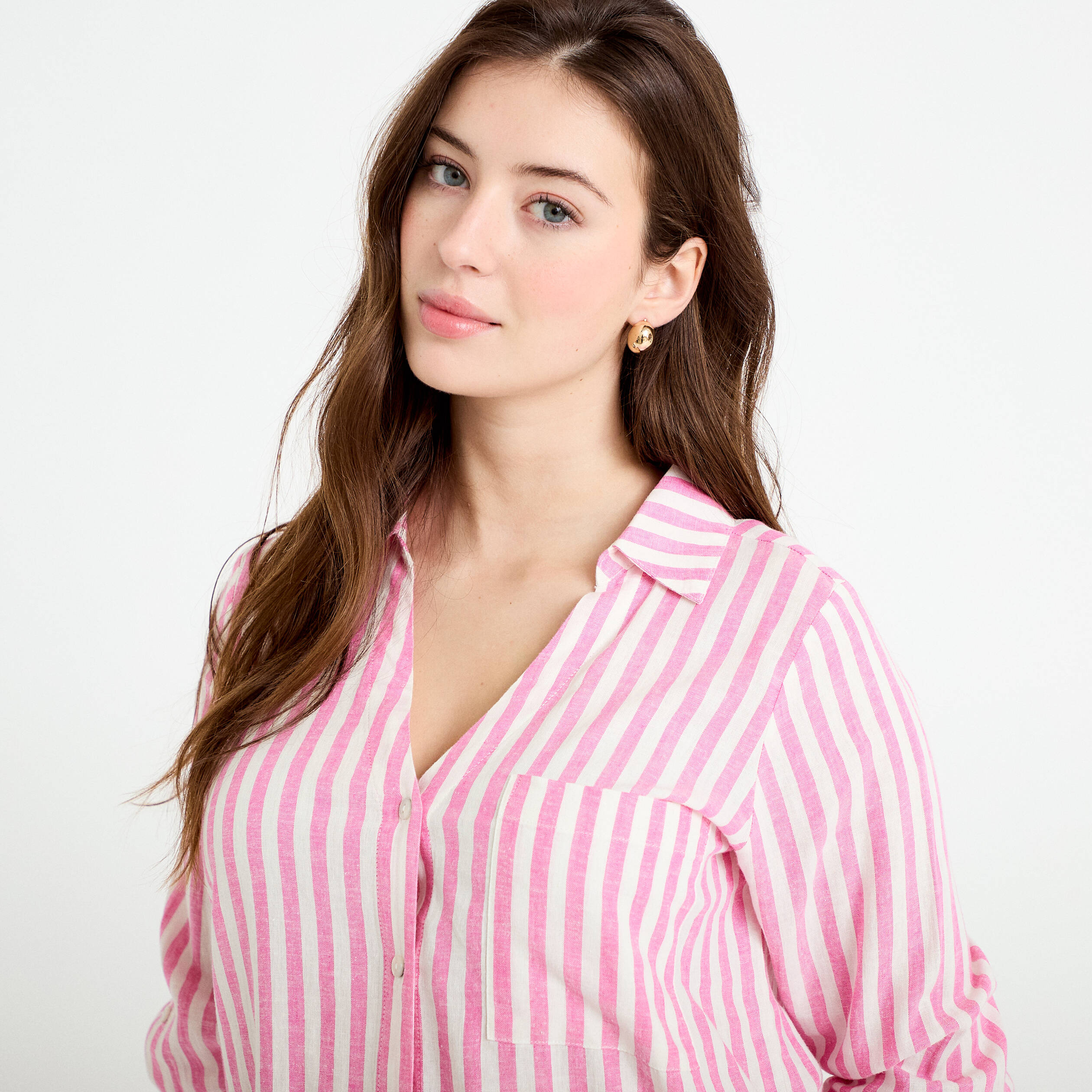 Chemise lin col V manches longues rose femme