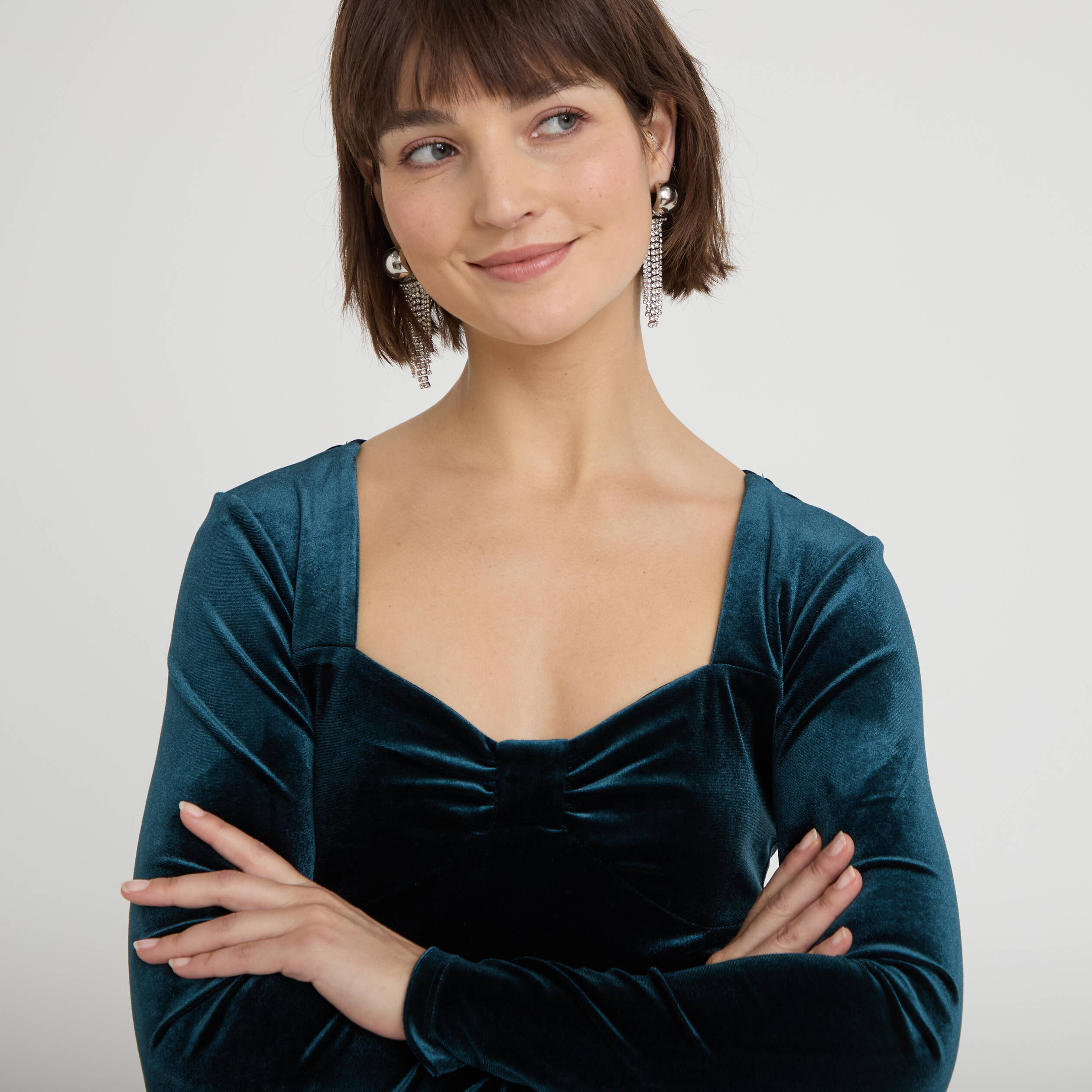 Top ajust&eacute; velours bleu canard femme