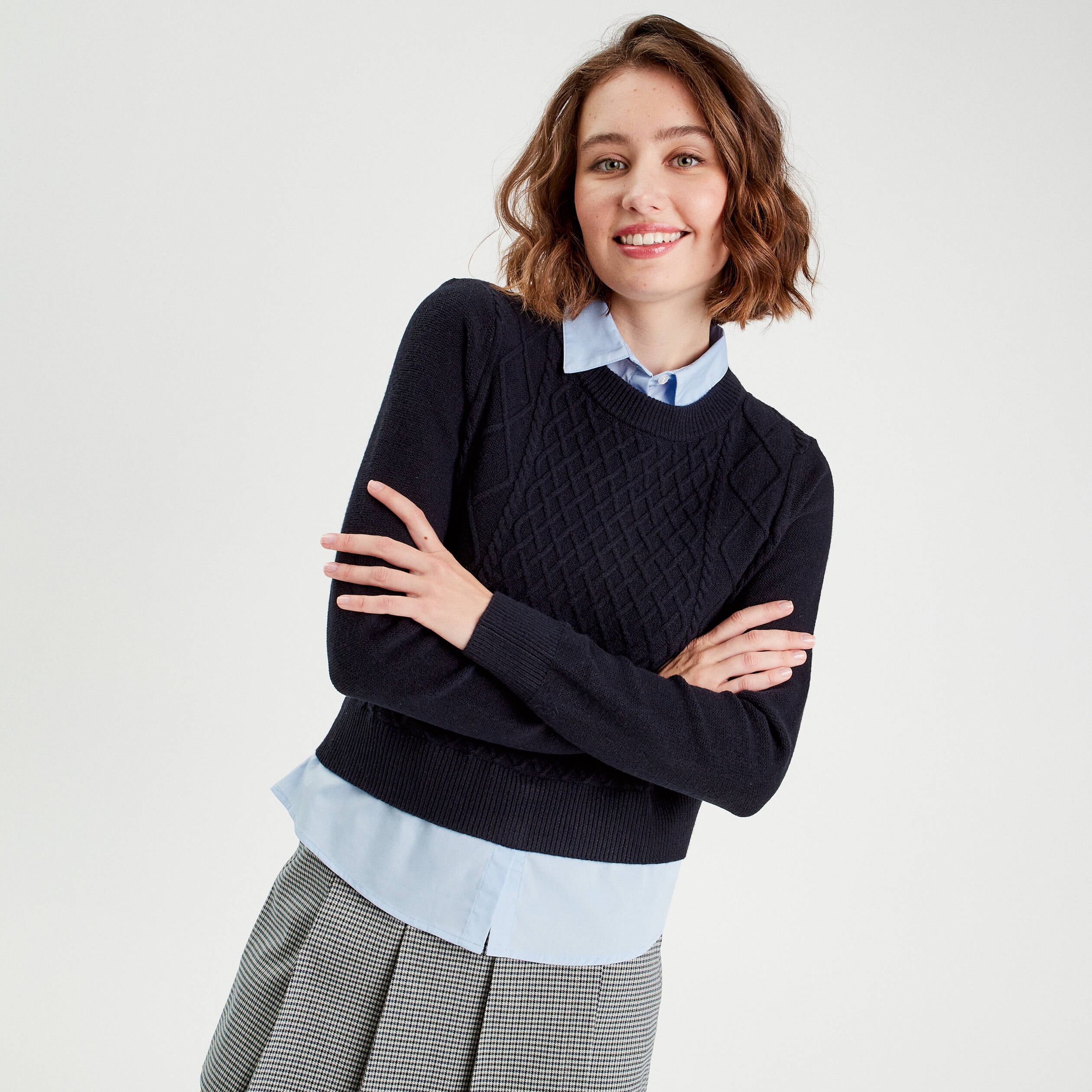 Pull chemise 2-en-1 bleu marine femme