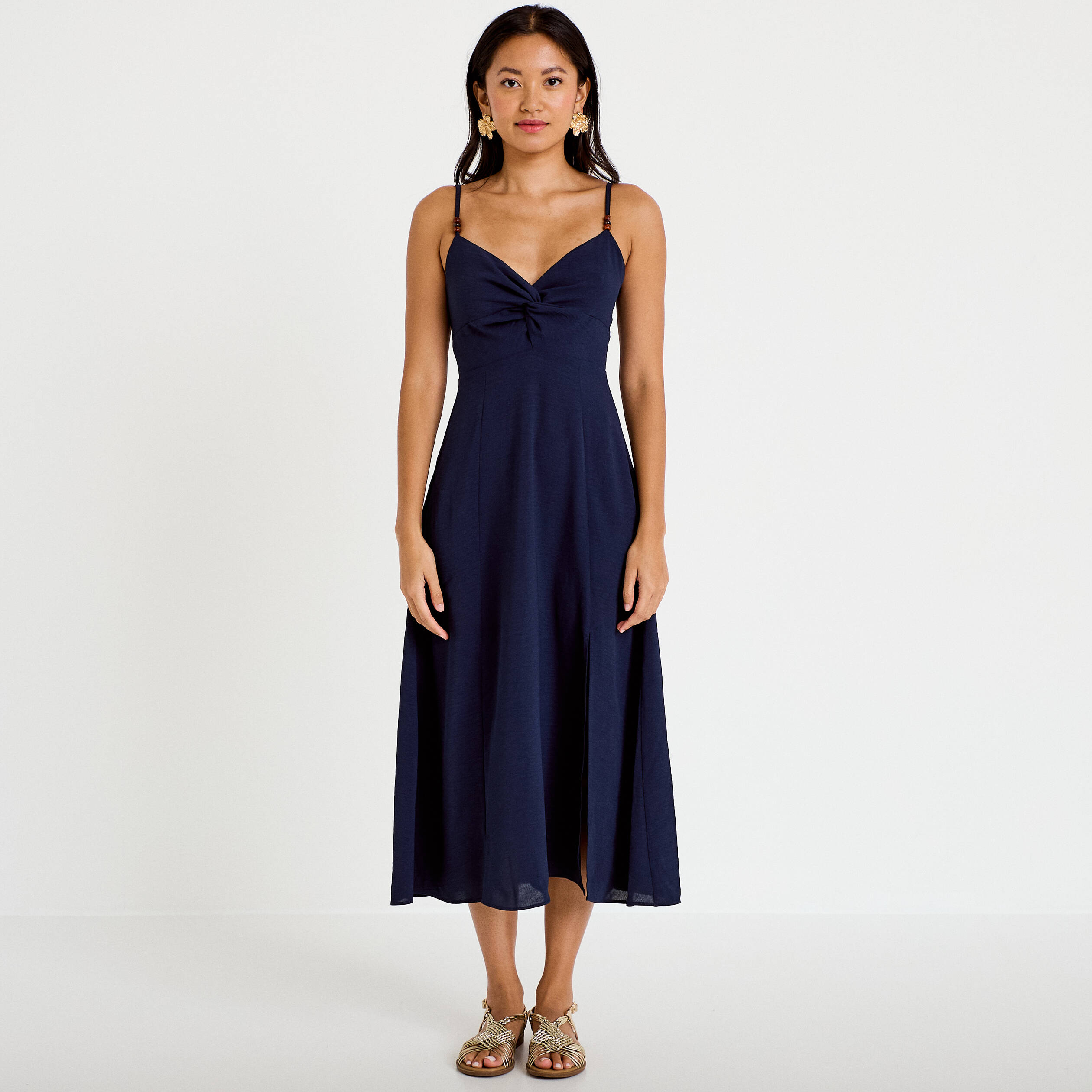 Robe longue &eacute;vas&eacute;e fendue bleu marine femme