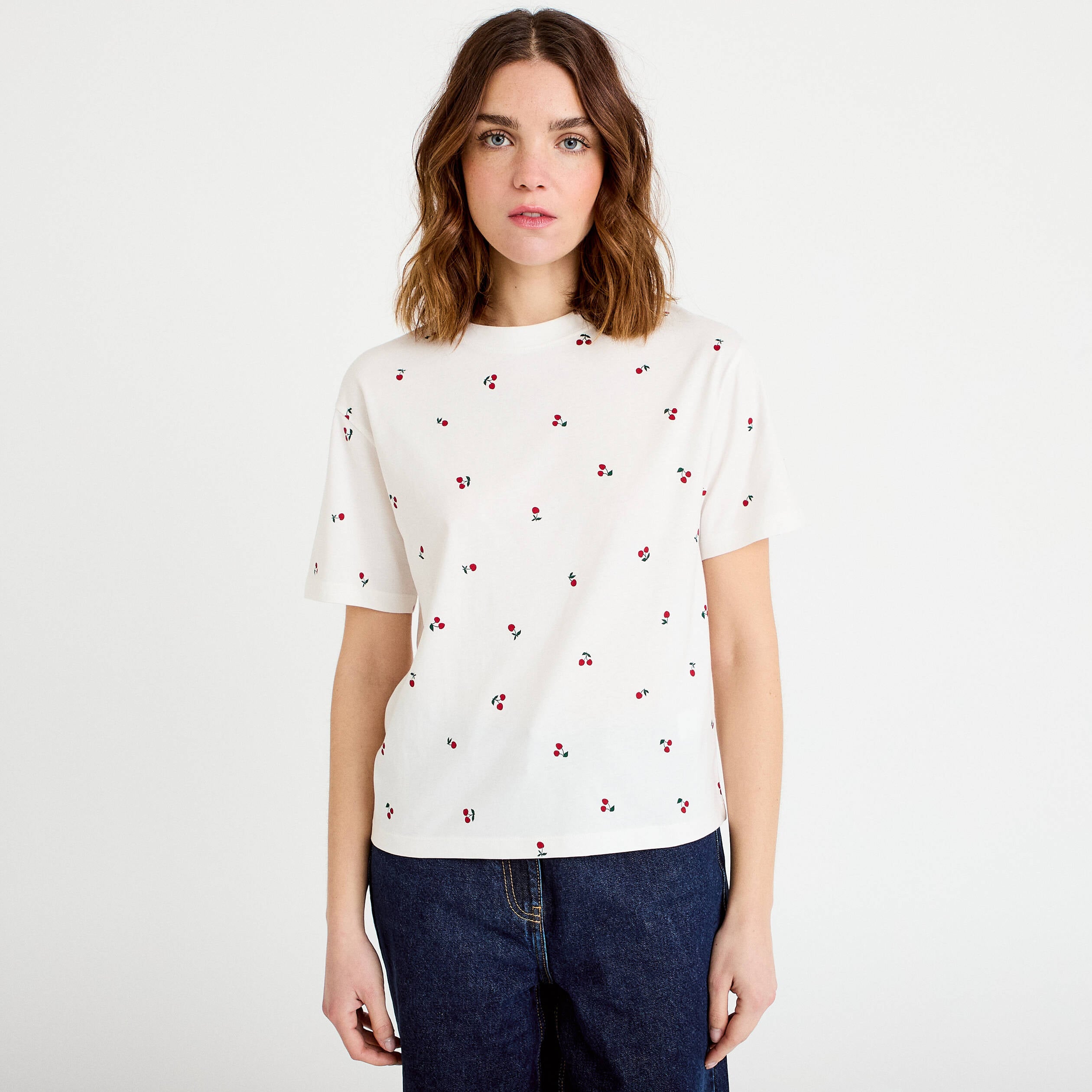 T-shirt &agrave; motif manches courtes blanc femme