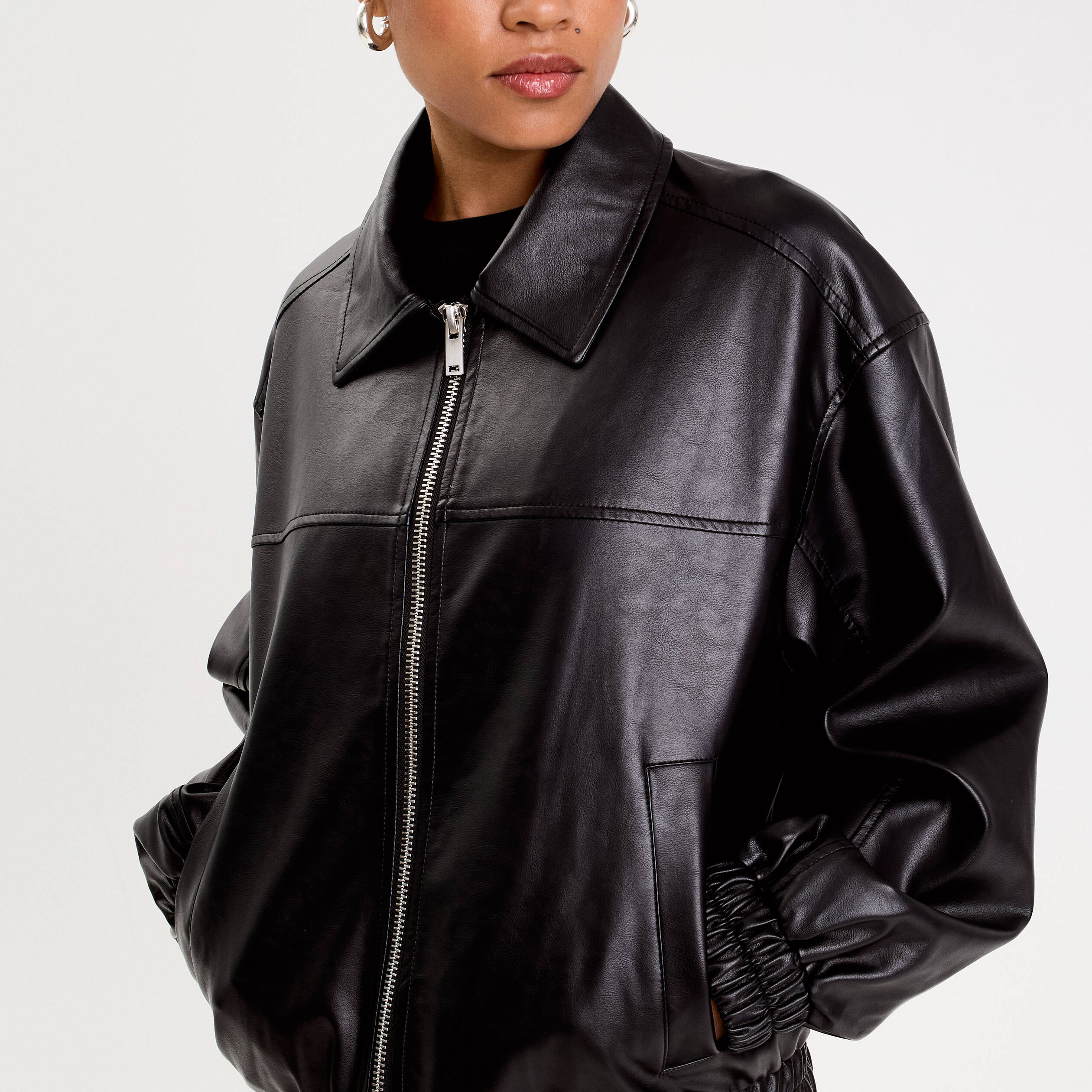 Bomber oversize similicuir col chemise noir femme