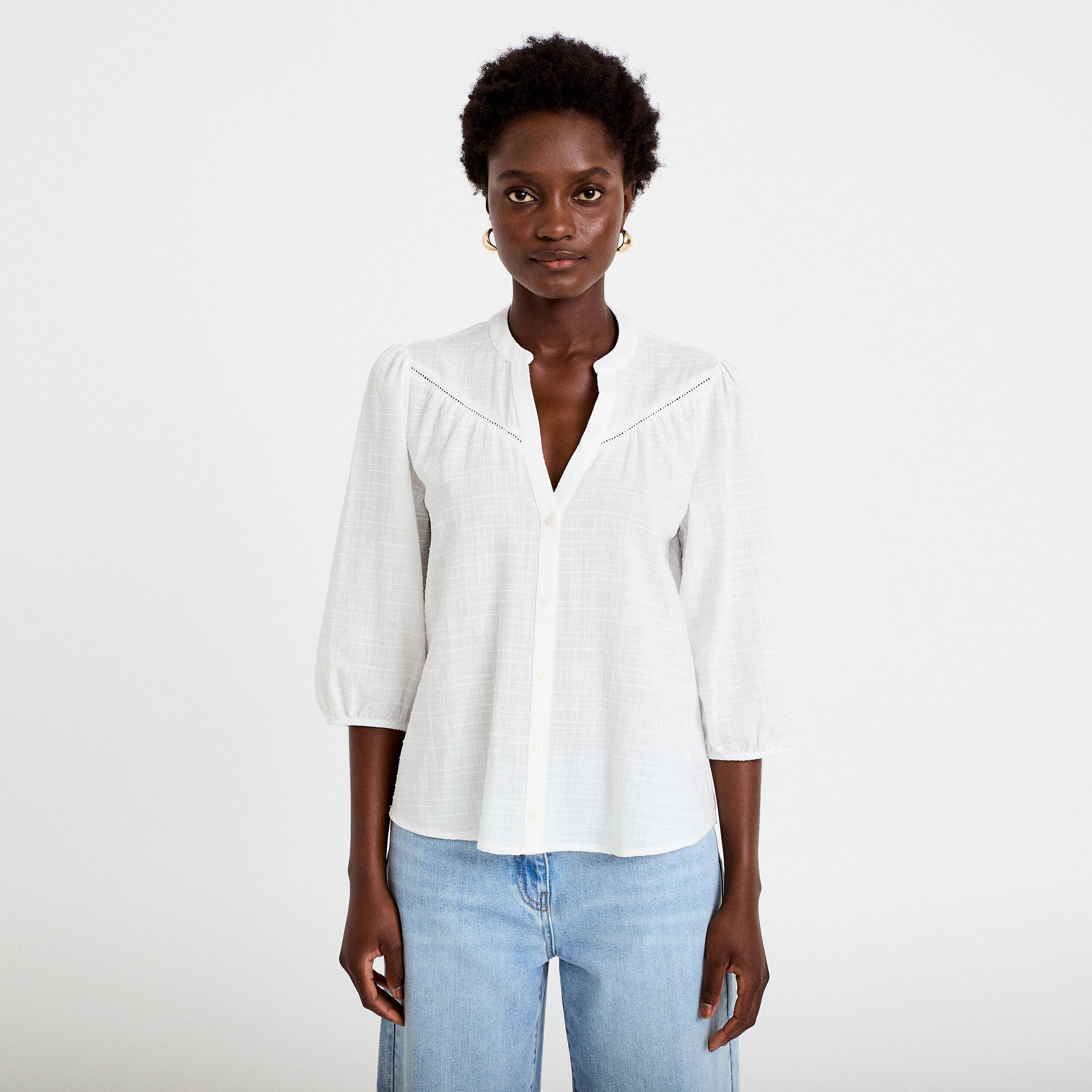 Blouse ample col v manches 3/4 ecru femme