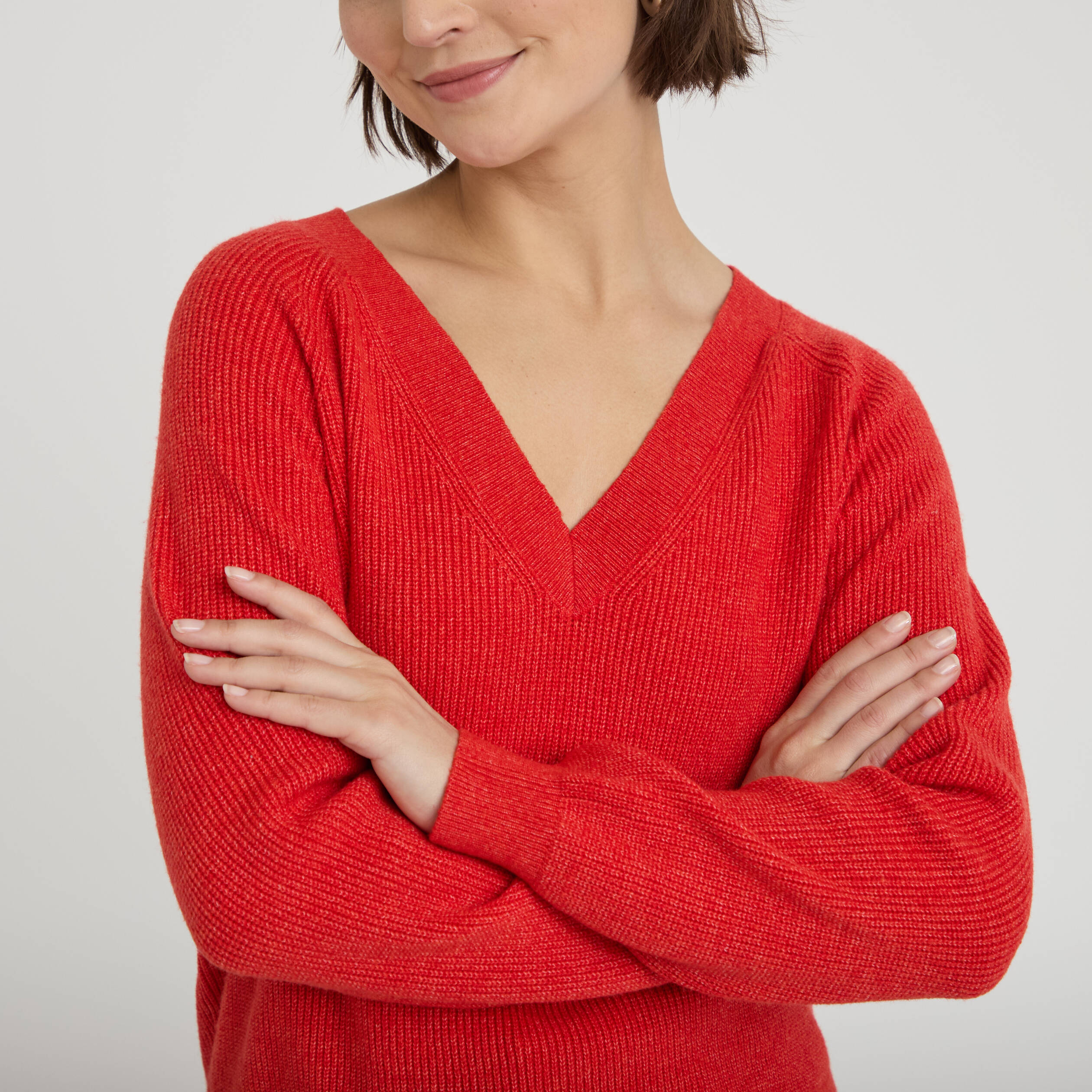 Pull fin col v rouge femme