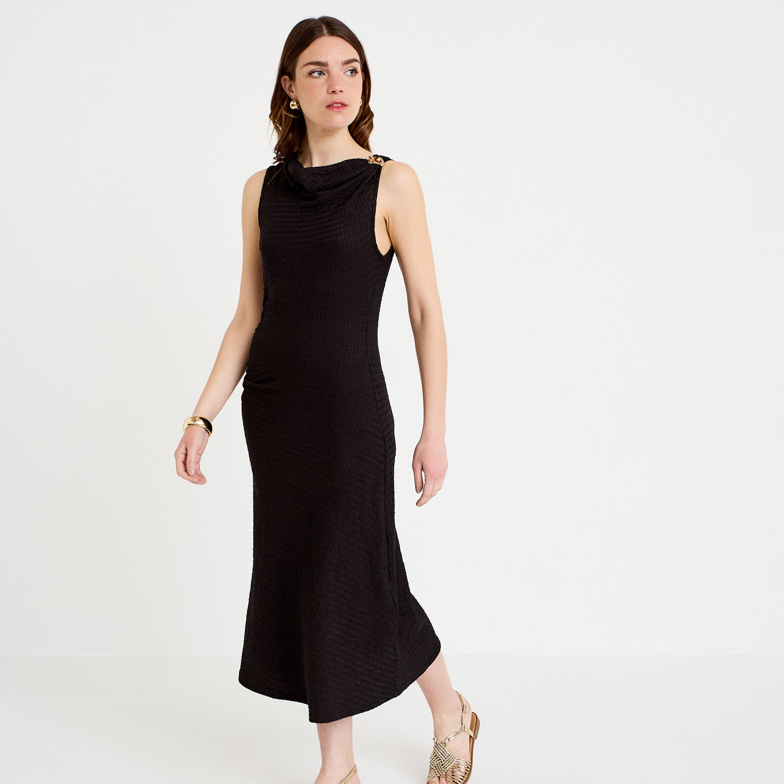 Robe midi droite sans manches en maille noir femme