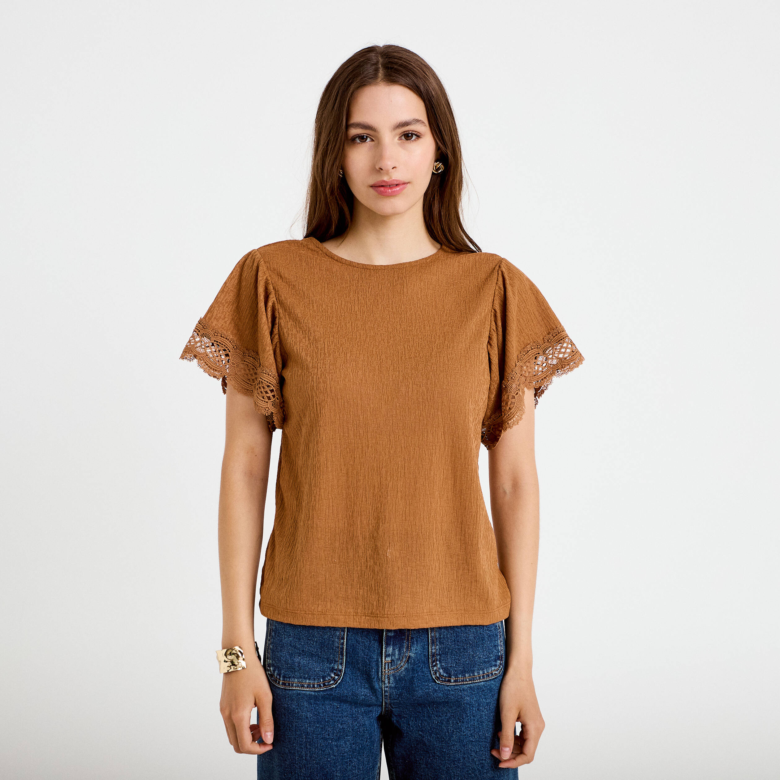 T-shirt col rond manches courtes beige femme