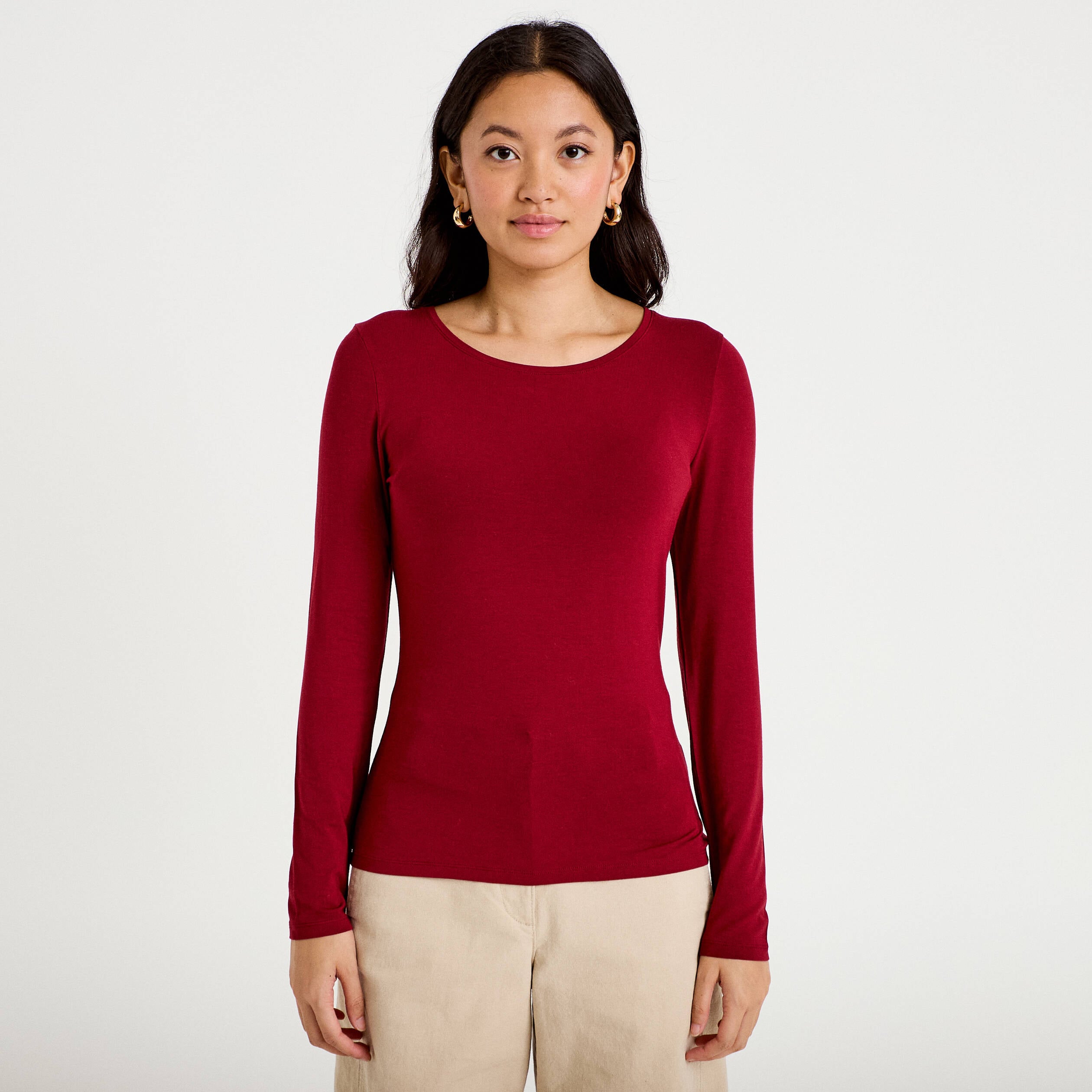 T-shirt uni &agrave; manches longues rouge femme