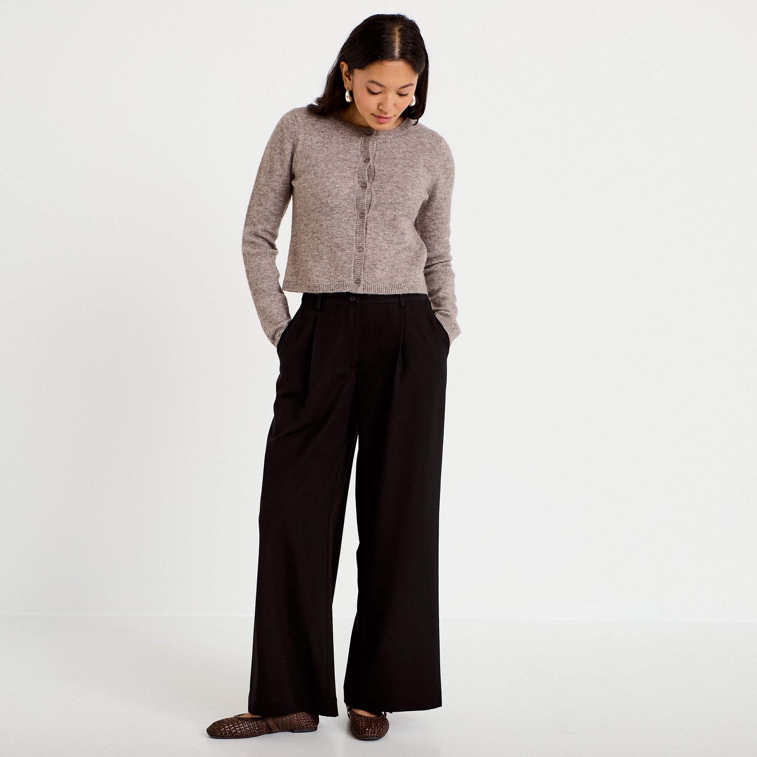 Pantalon large taille haute noir femme