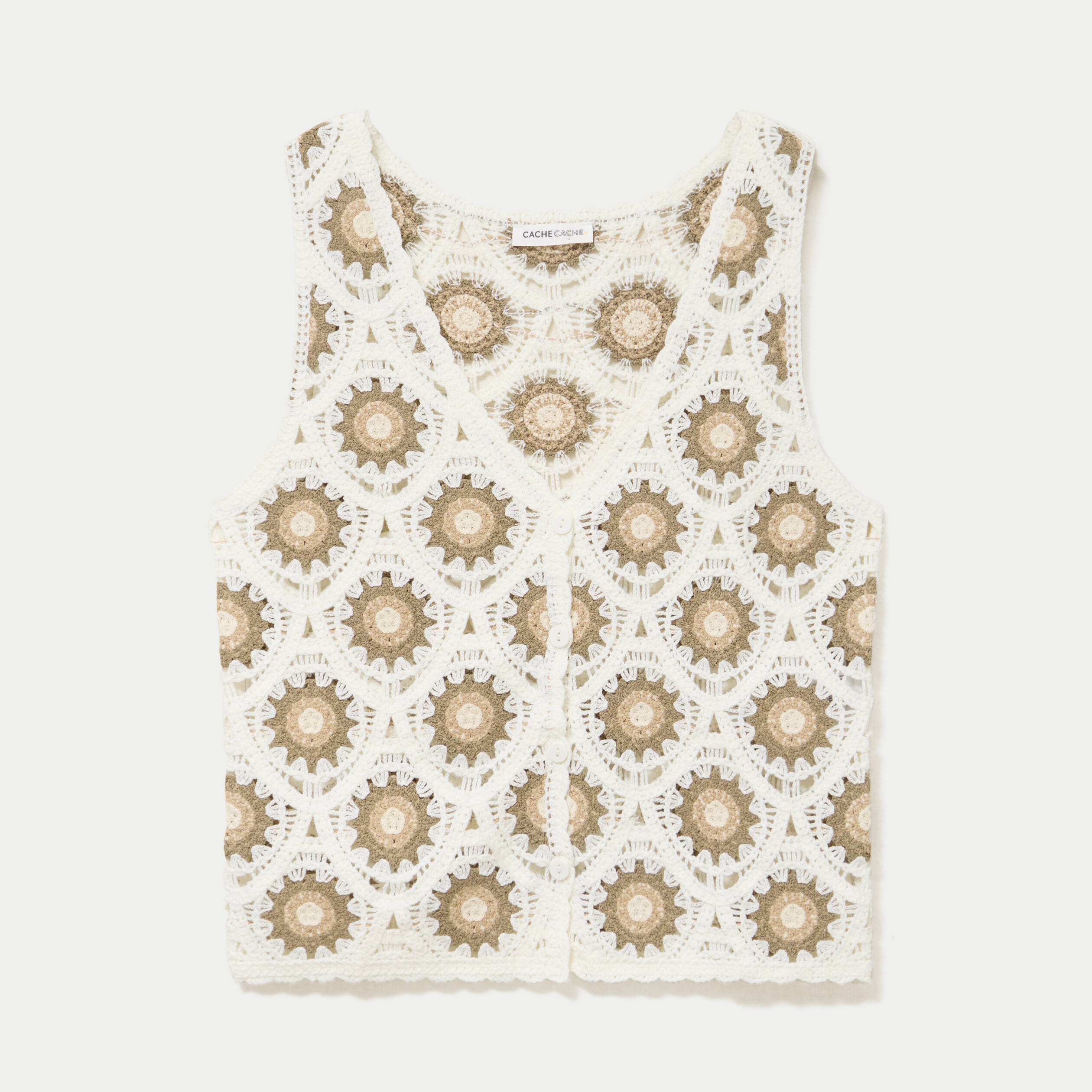 D&eacute;bardeur crochet boutons ecru femme