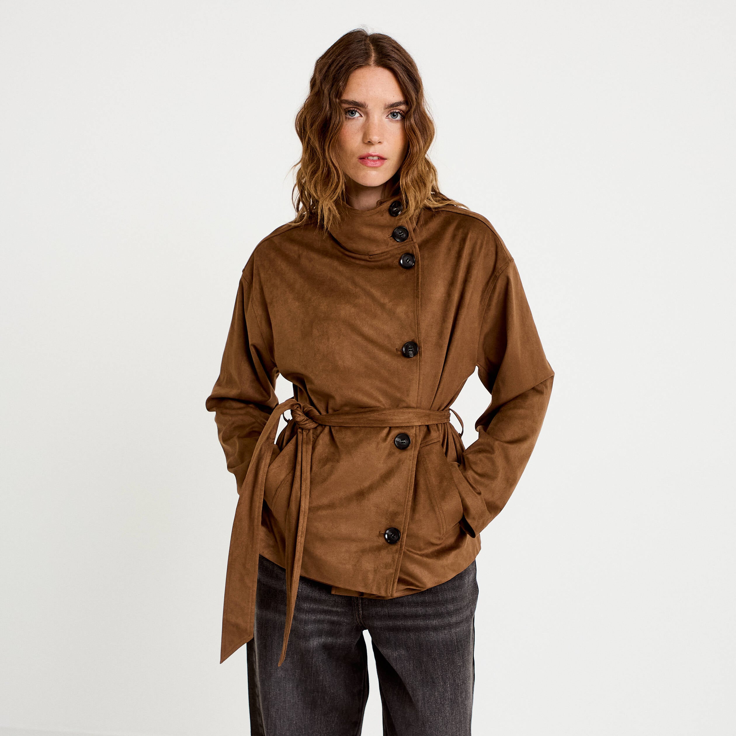 Caban droit col montant aspect daim marron femme