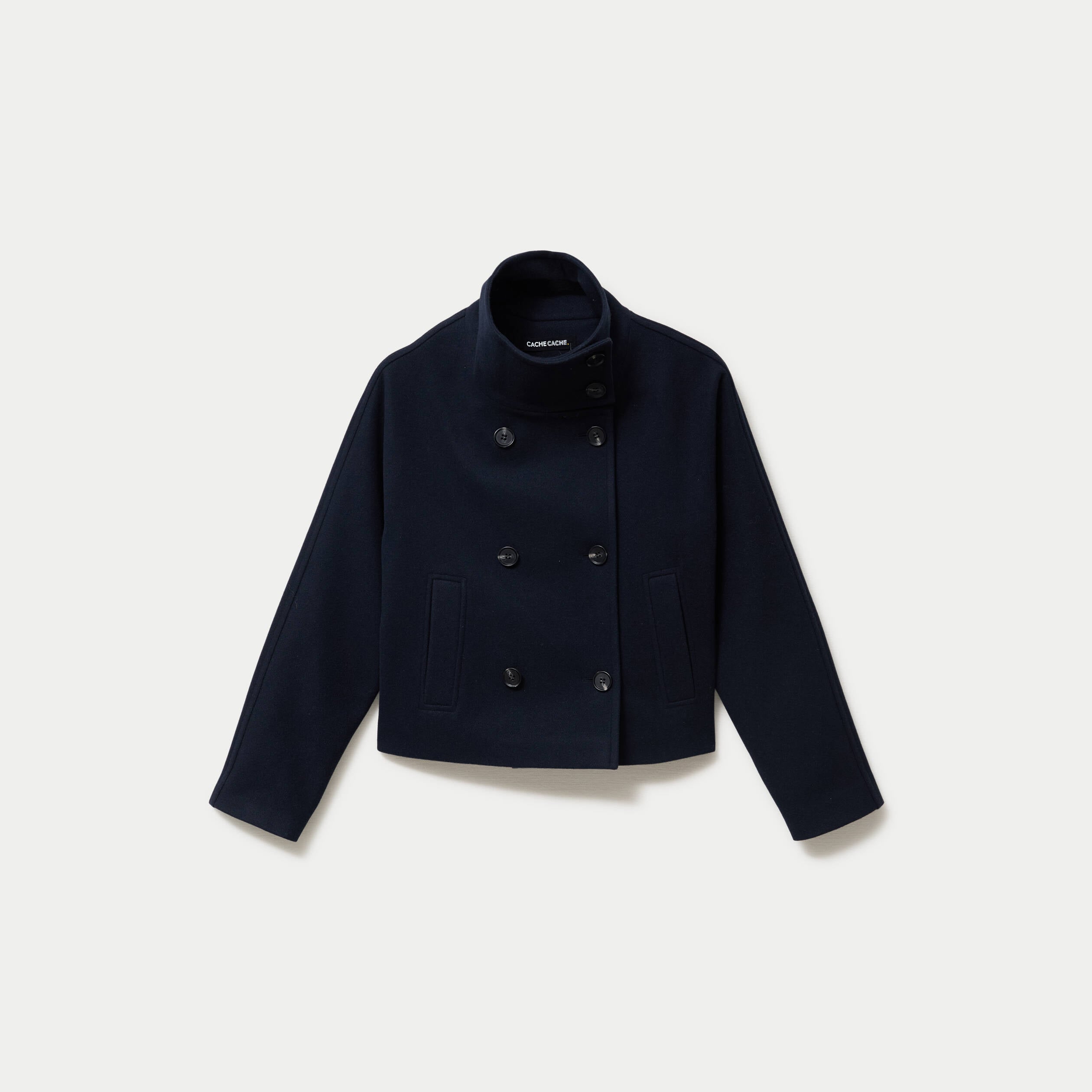 Caban court col montant bleu marine femme