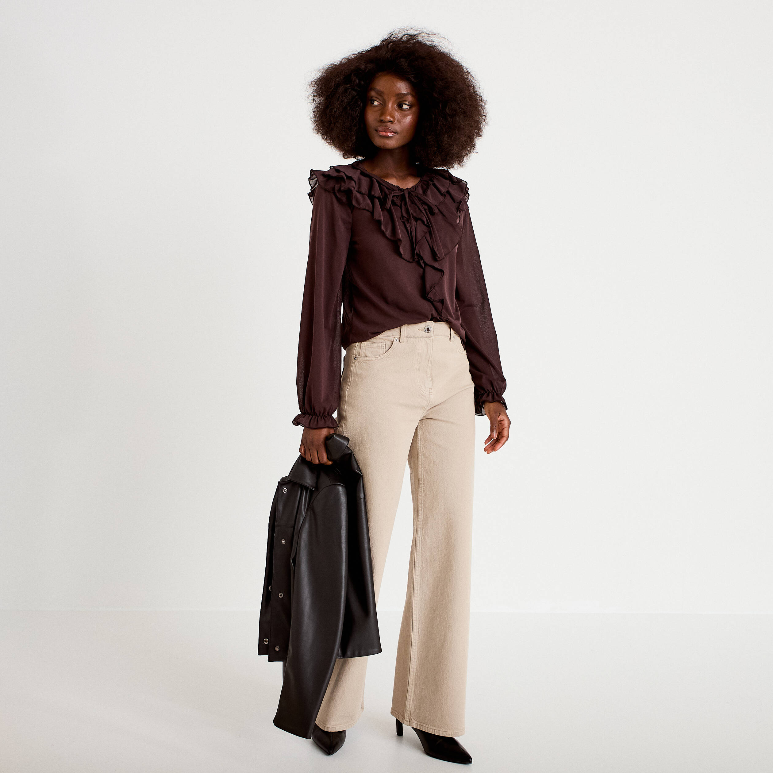 Blouse ample col v manches longues bordeaux femme