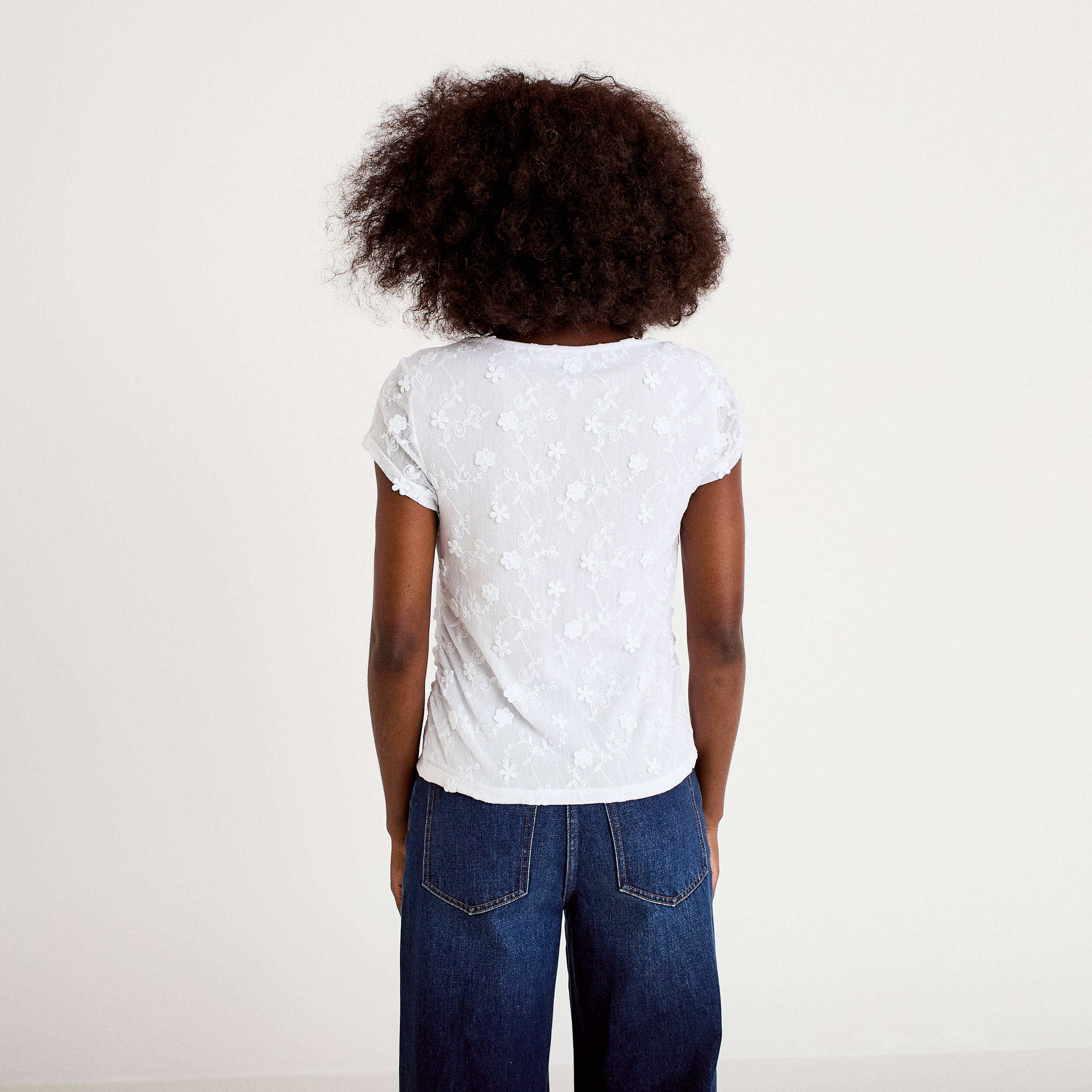 T-shirt ajust&eacute; col rond dentelle blanc femme