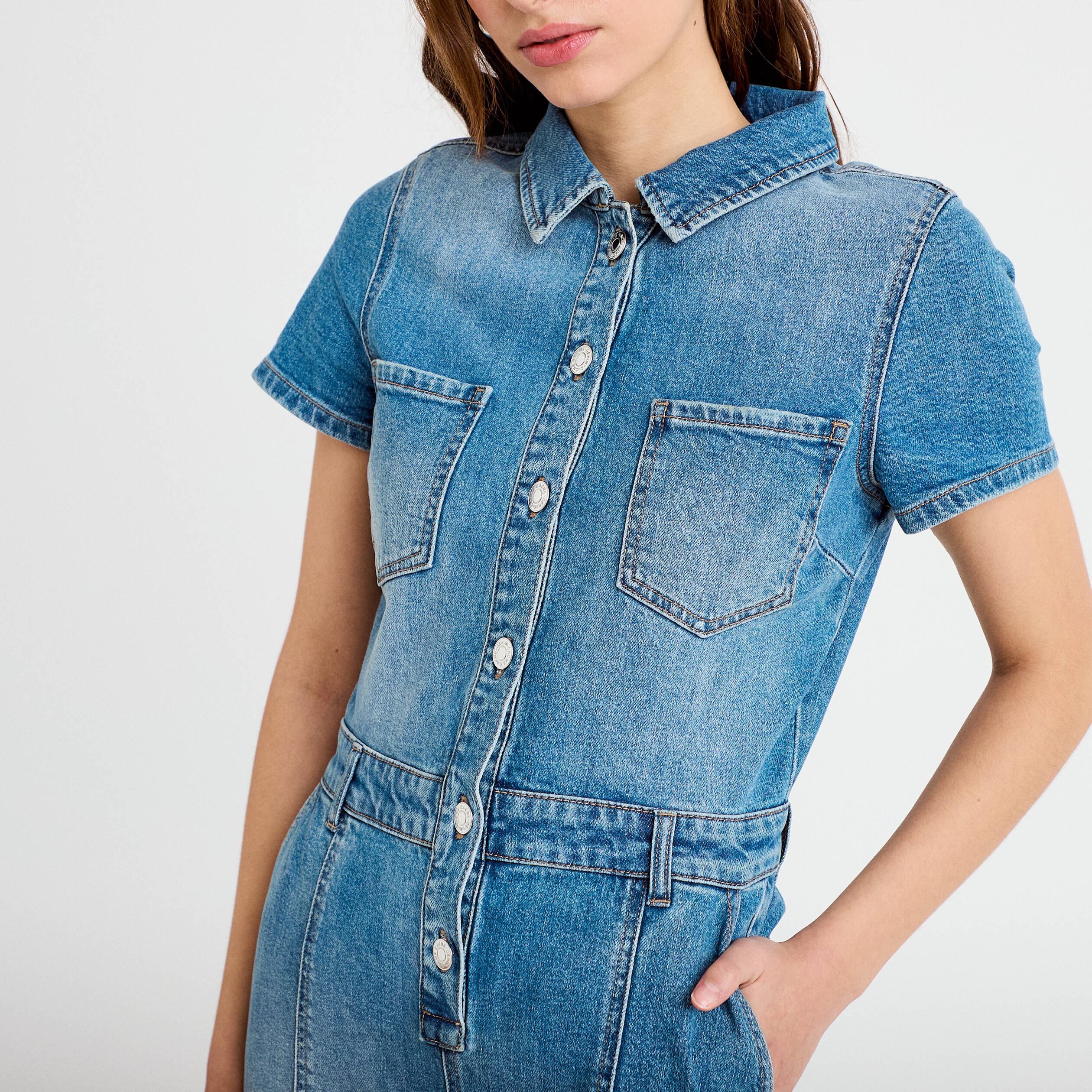 Combinaison manches courtes denim double stone femme