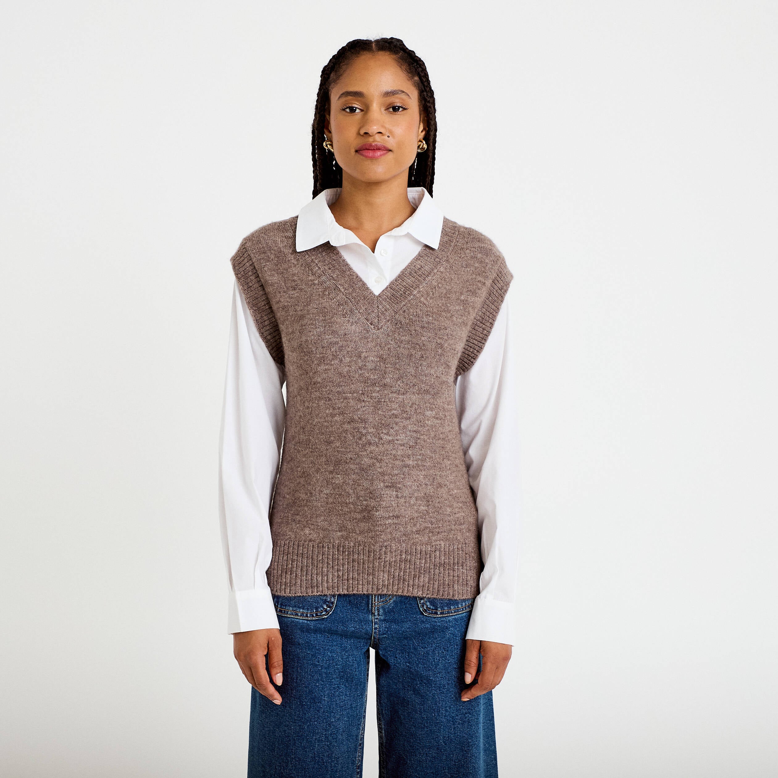 Pull chemise 2-en-1 taupe femme