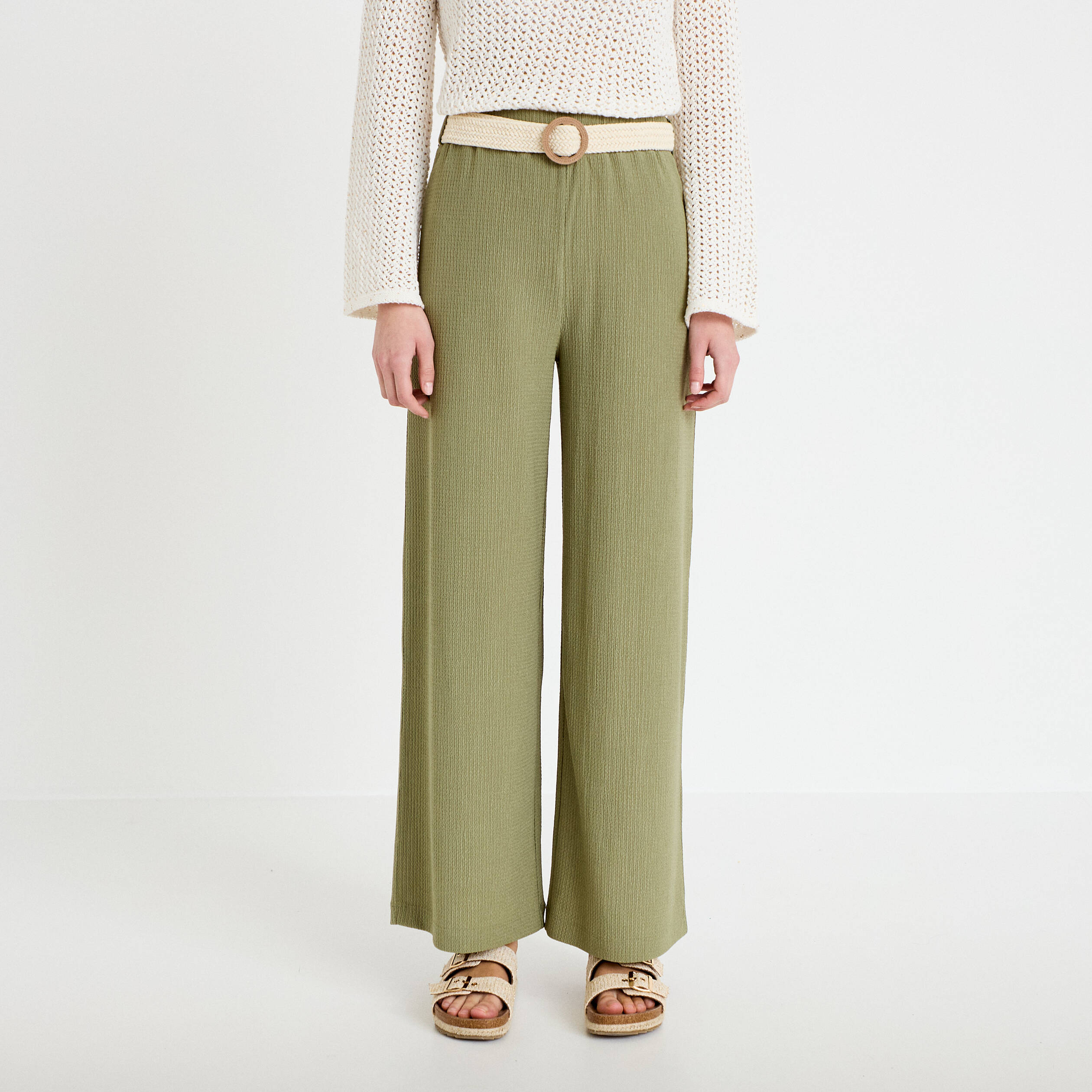 Pantalon large fluide ceintur&eacute; vert kaki femme
